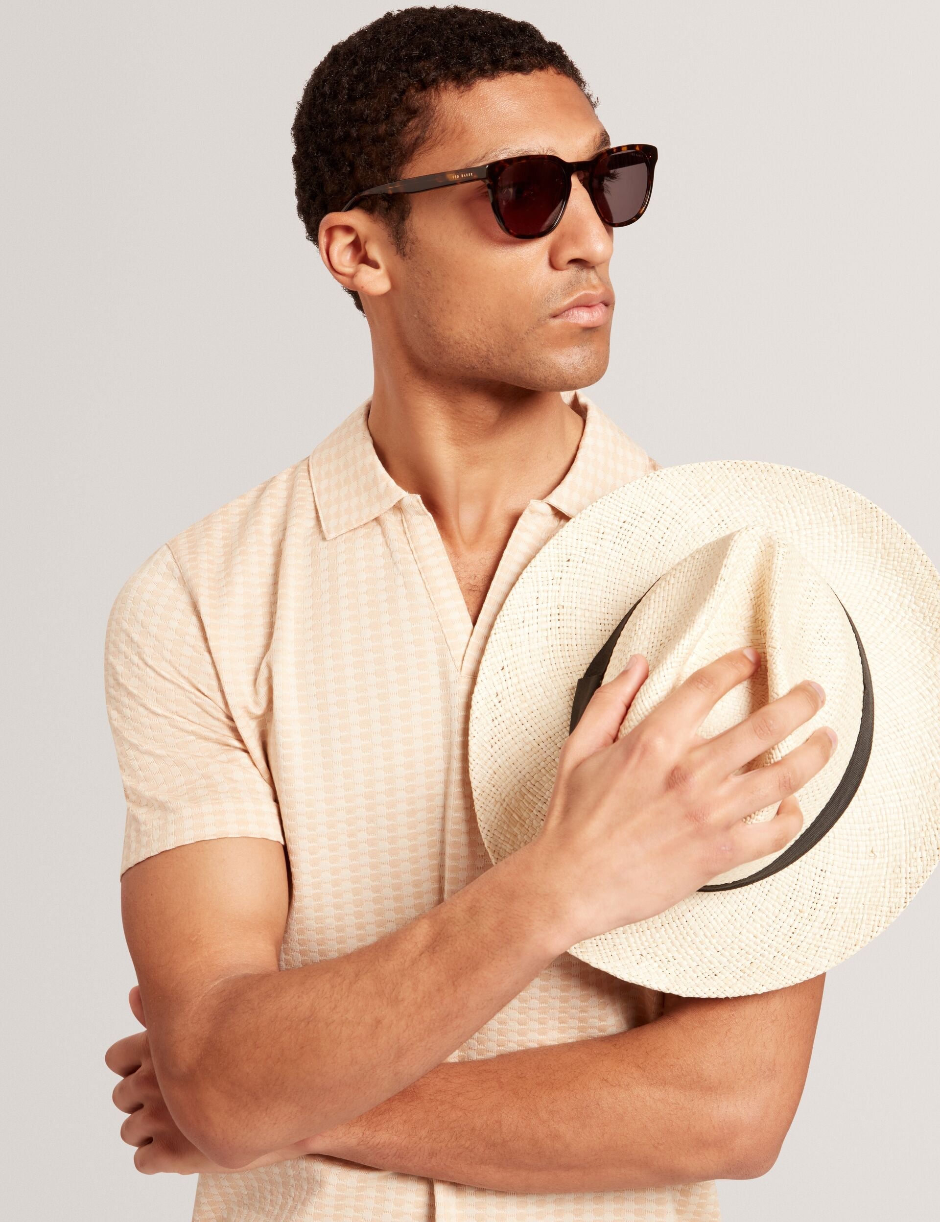 Ted Baker Matejo Taupe Mini Check Open Neck Cotton Polo Shirt