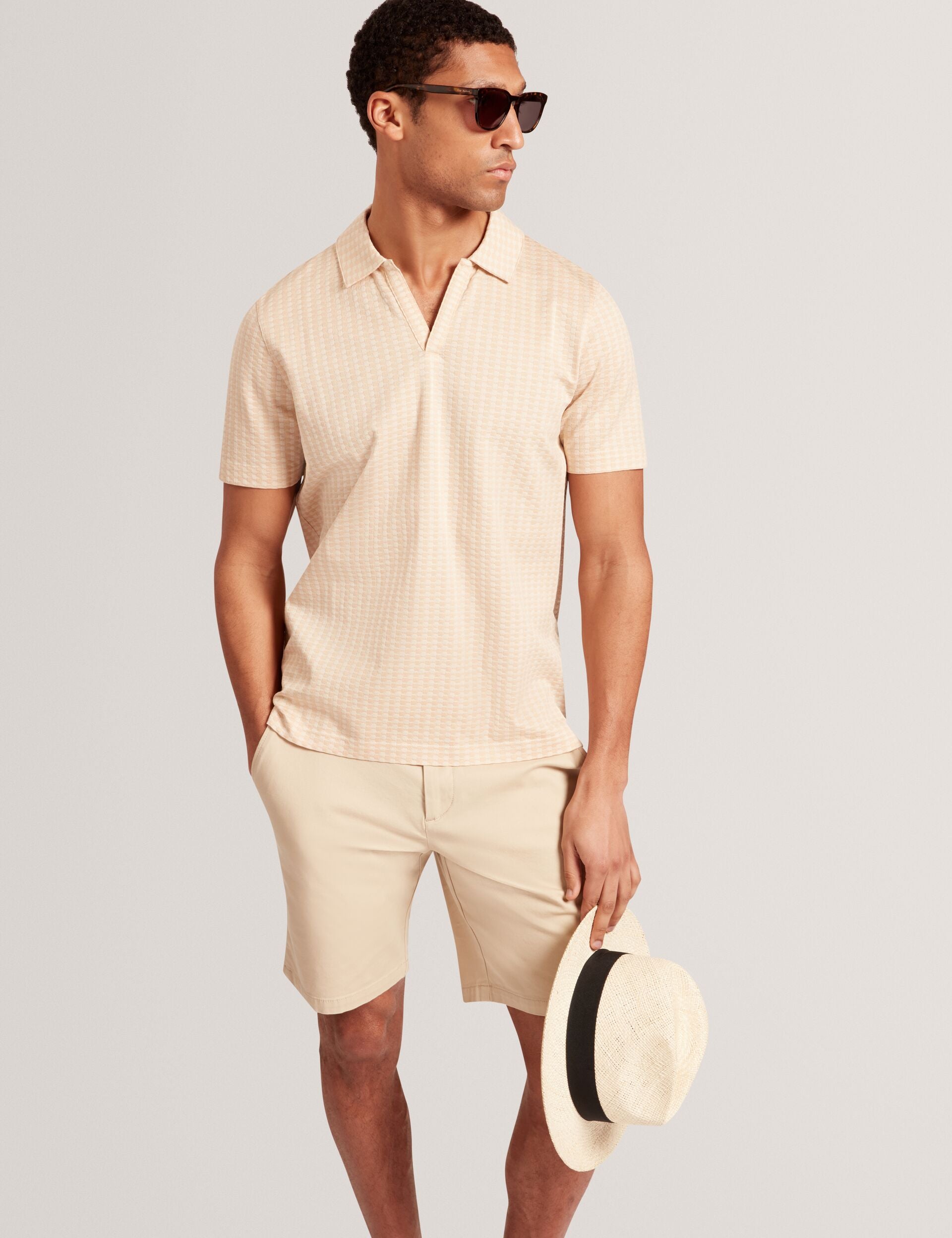 Ted Baker Matejo Taupe Mini Check Open Neck Cotton Polo Shirt