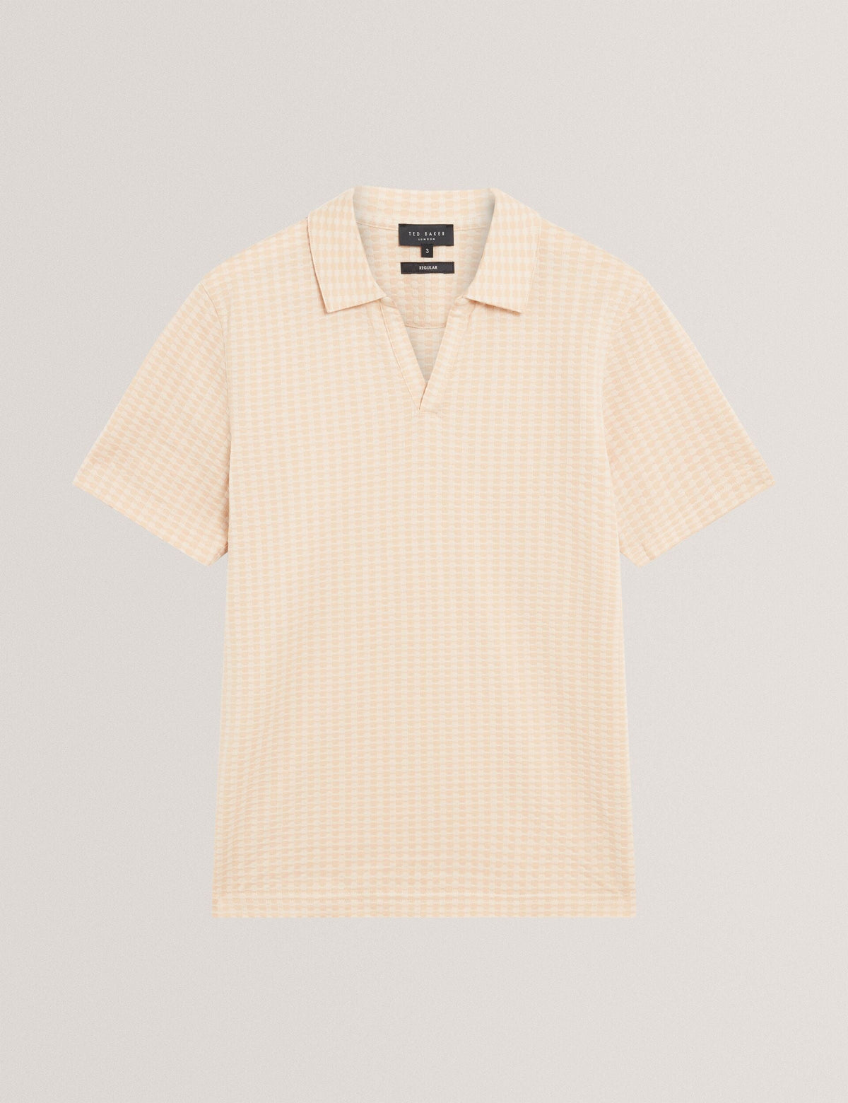 Ted Baker Matejo Taupe Mini Check Open Neck Cotton Polo Shirt