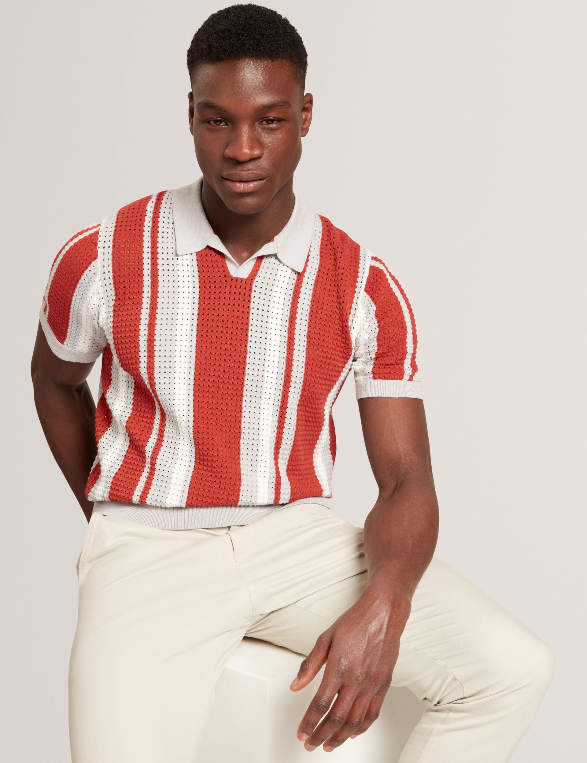 Ted Baker Ealings Striped Pointelle Knit Cotton Polo Shirt
