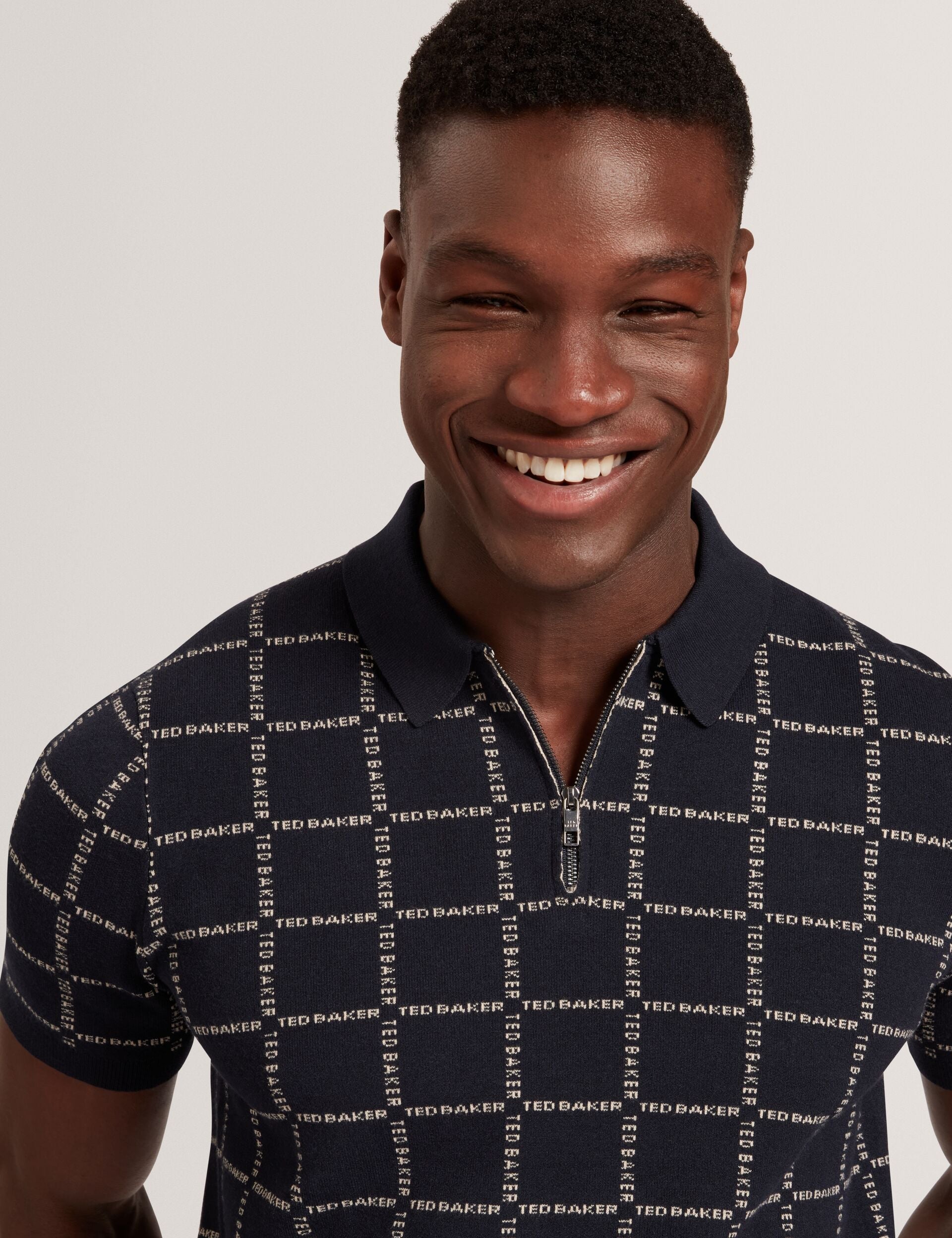 Ted Baker Harlens Branded Check Zip Neck Knit Polo