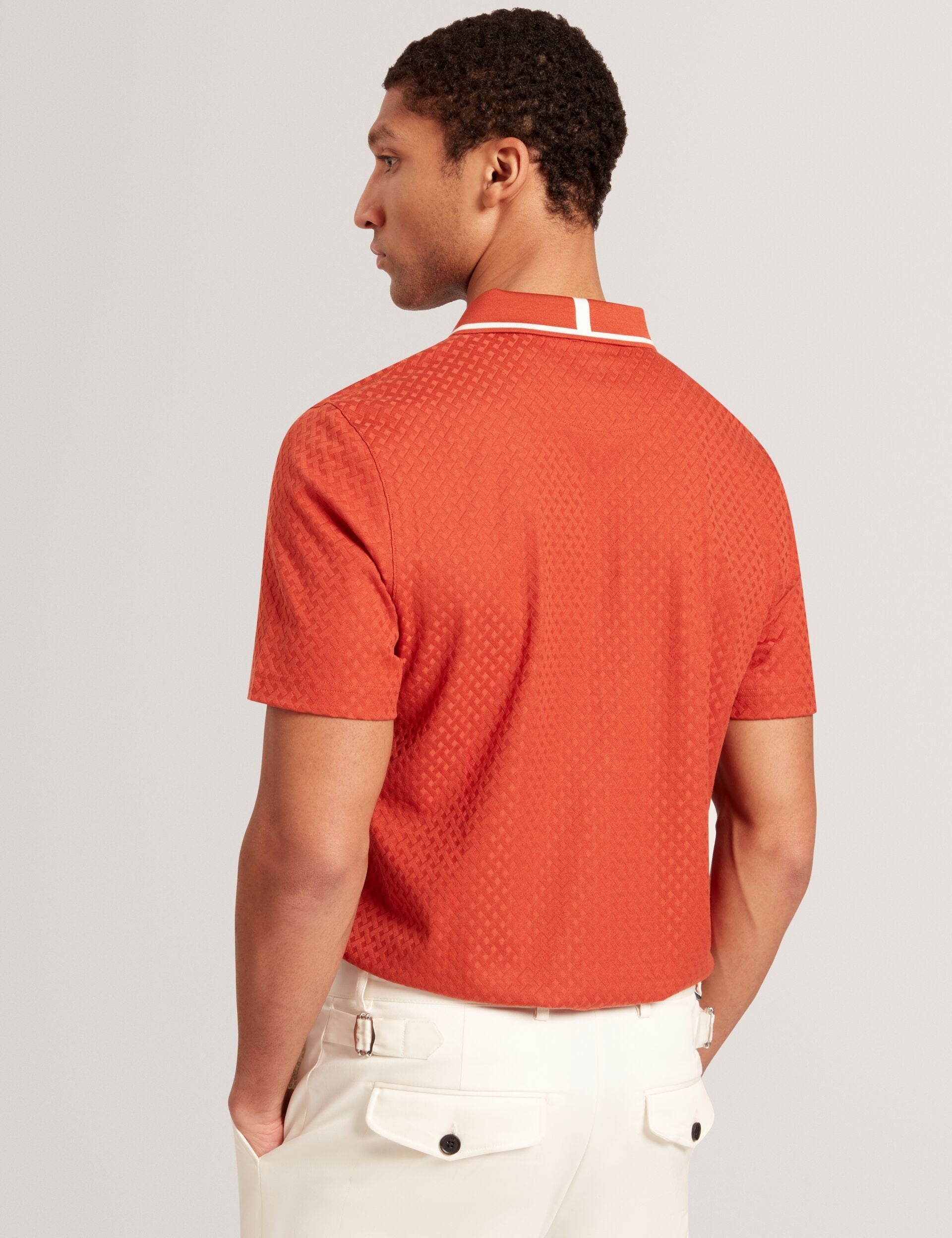 Ted Baker Cophen T Texture Zip Neck Short Sleeve Polo In Orange