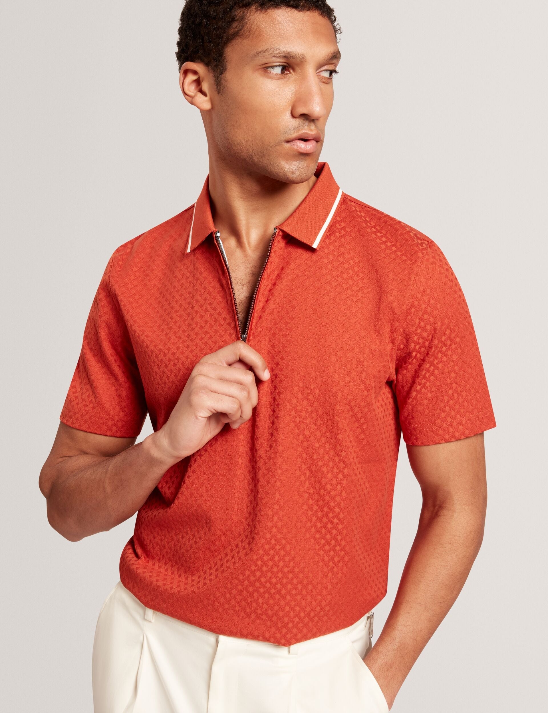 Ted Baker Cophen T Texture Zip Neck Short Sleeve Polo In Orange