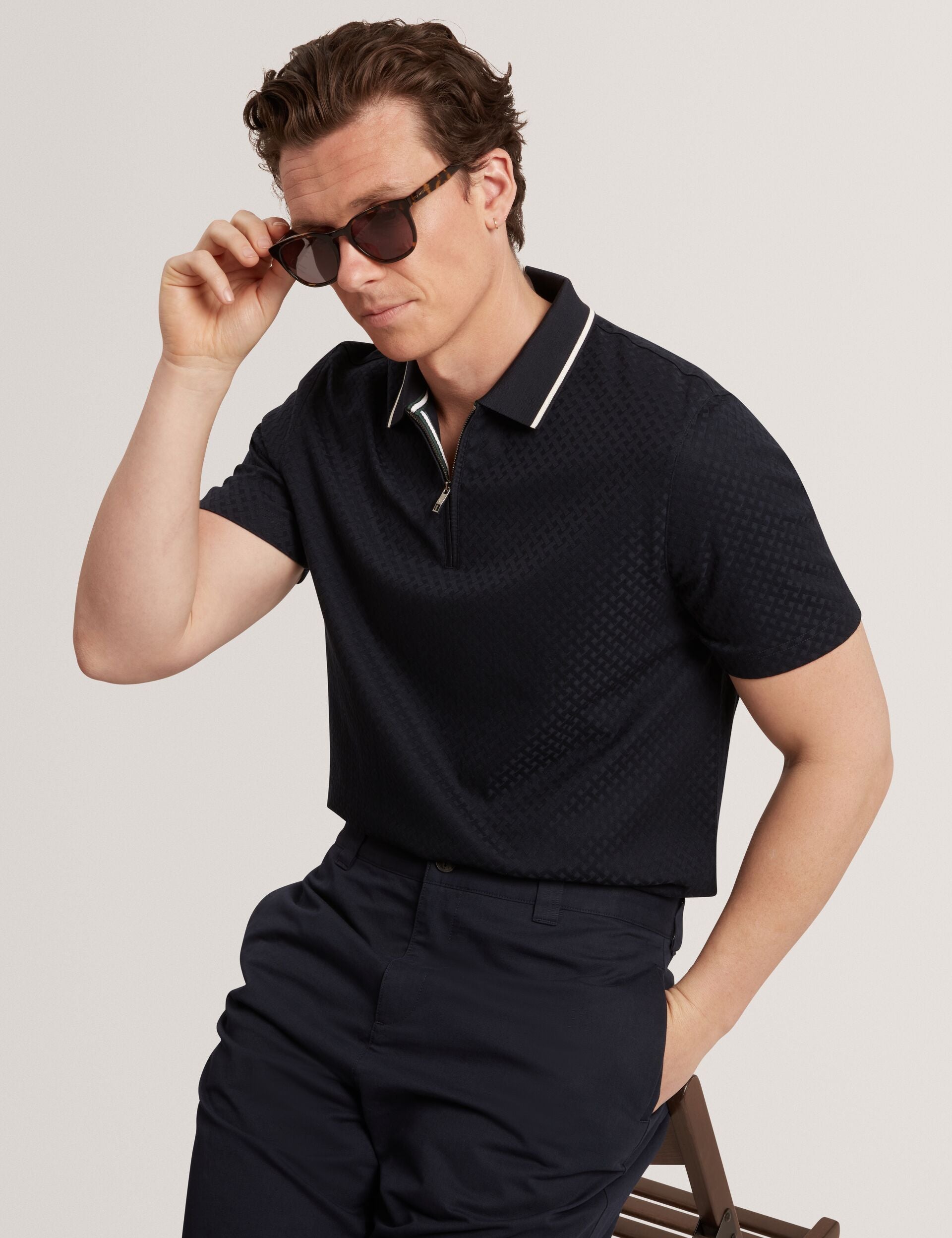 Ted Baker Cophen T Texture Zip Neck Short Sleeve Polo In Navy