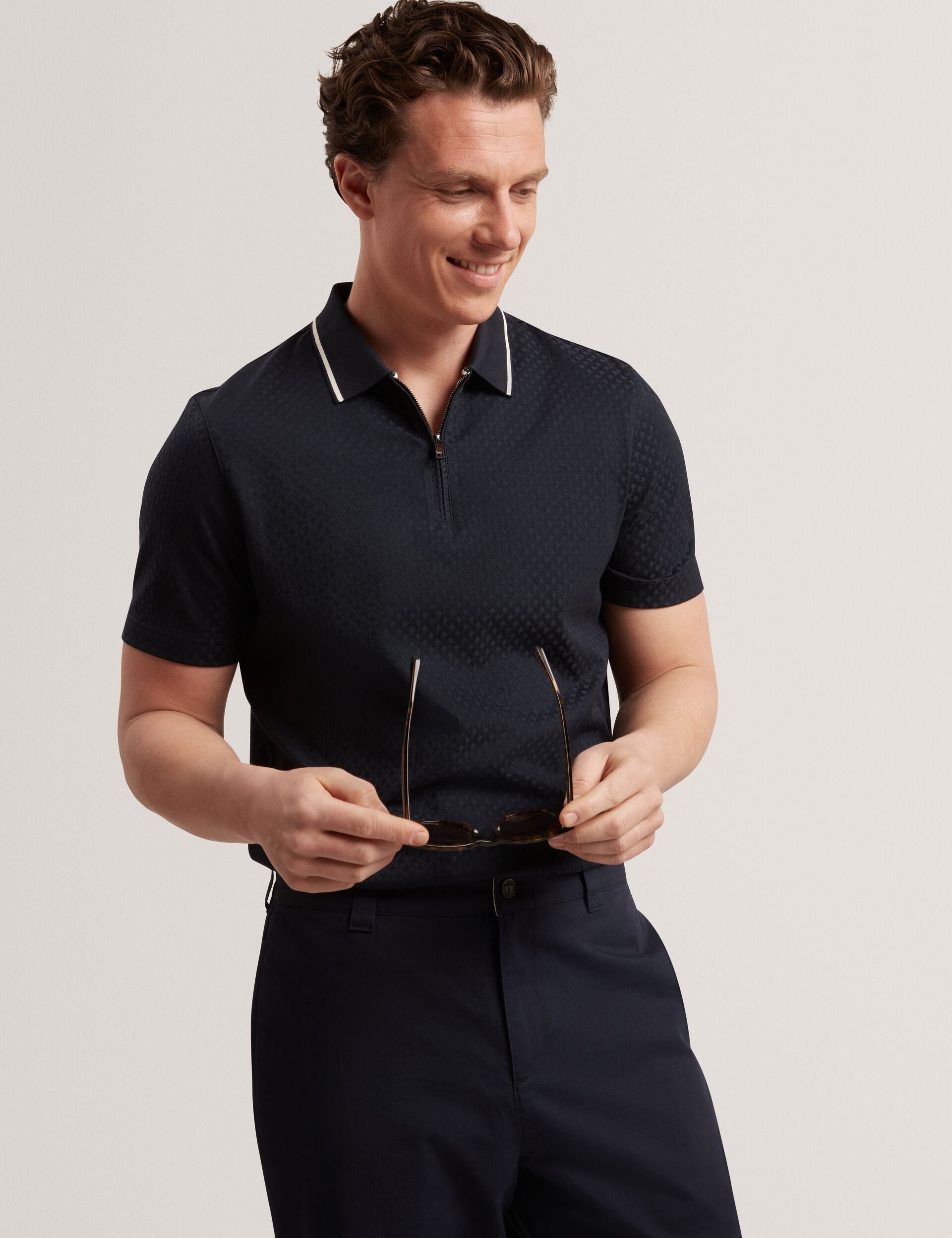 Ted Baker Cophen T Texture Zip Neck Short Sleeve Polo In Navy