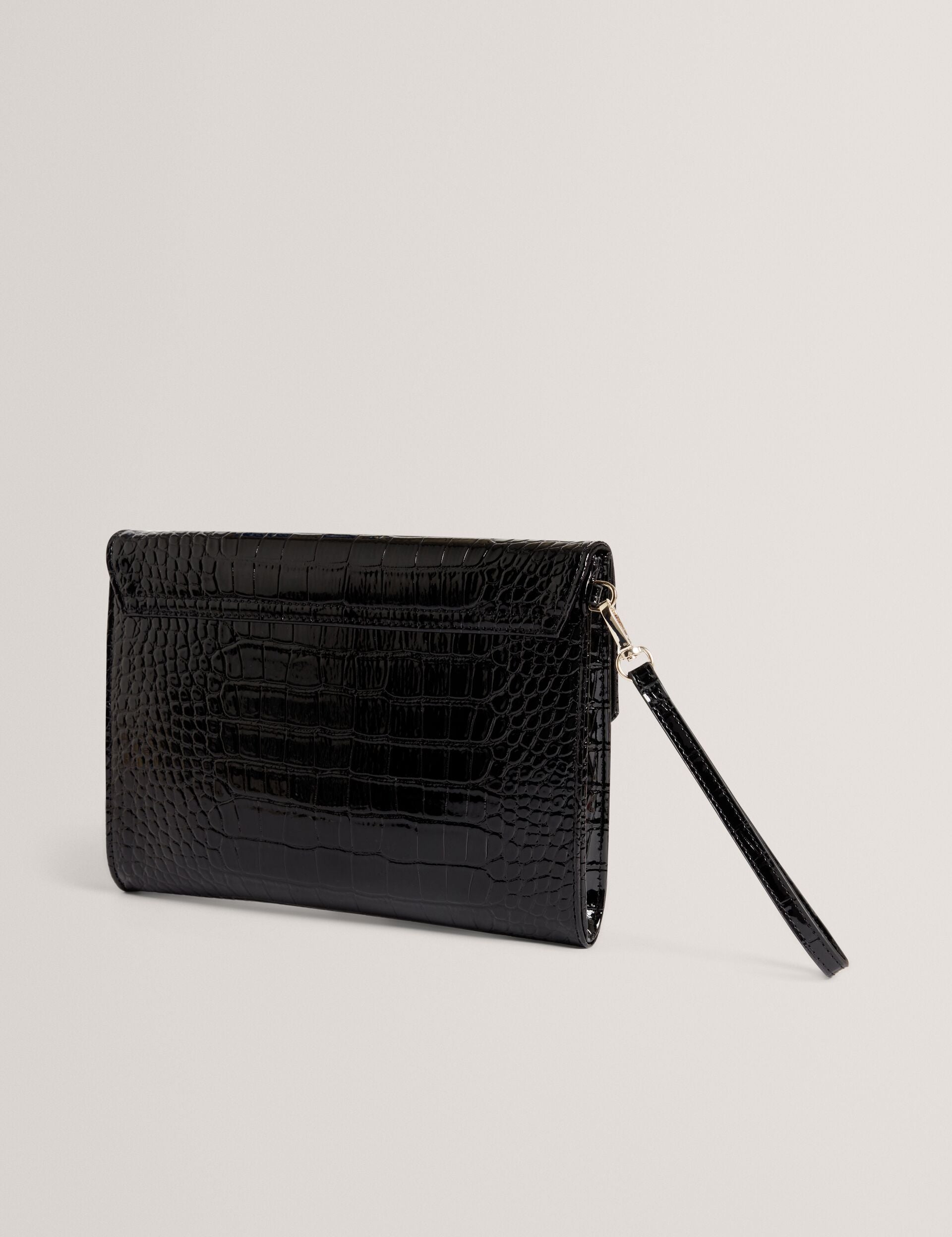 Ted Baker Crocey Patent Croc Effect Envelope Clutch Bag In Jet Black Women's