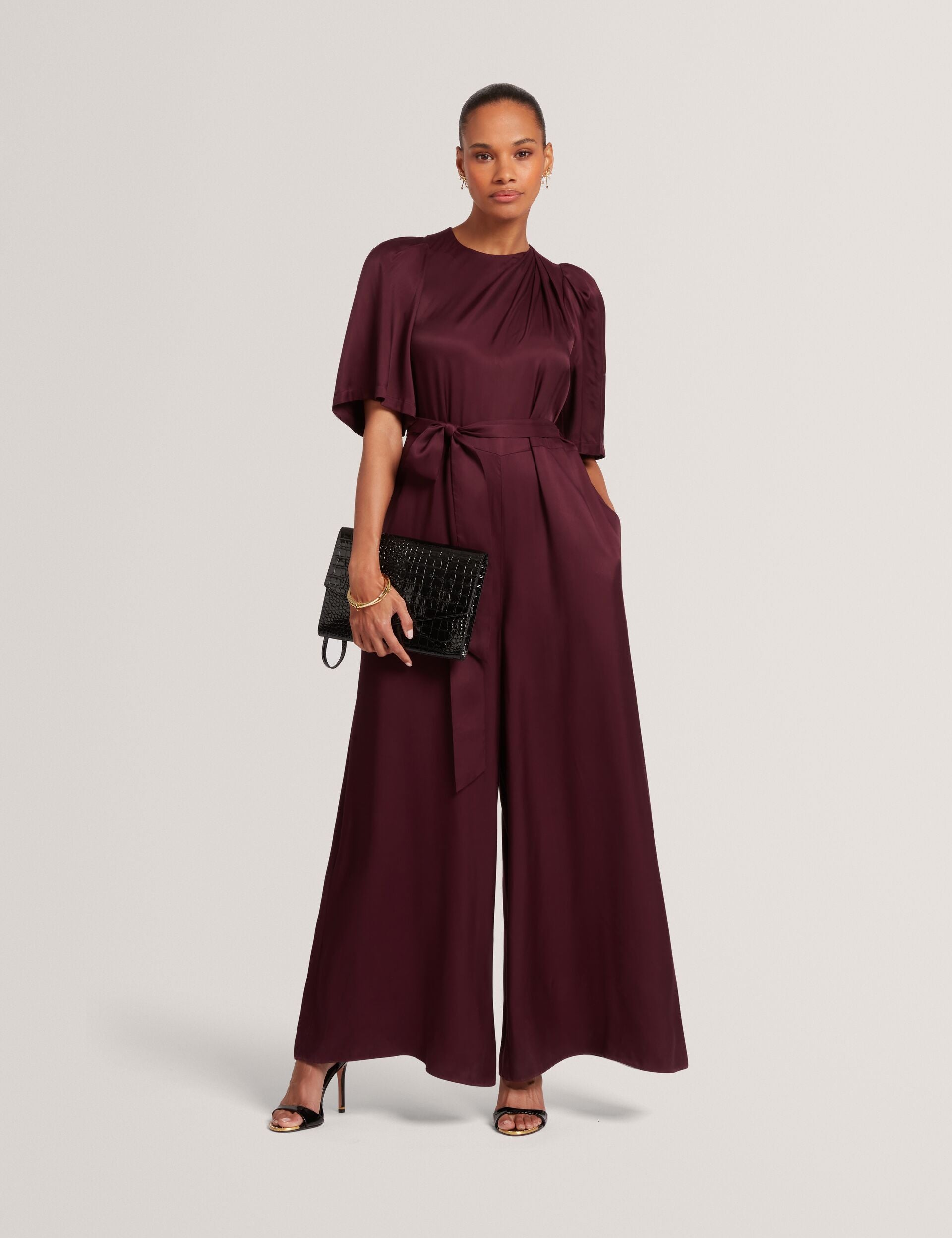 Ted Baker Taupa Satin Flutter Sleeve Wide Leg Jumpsuit Women's
