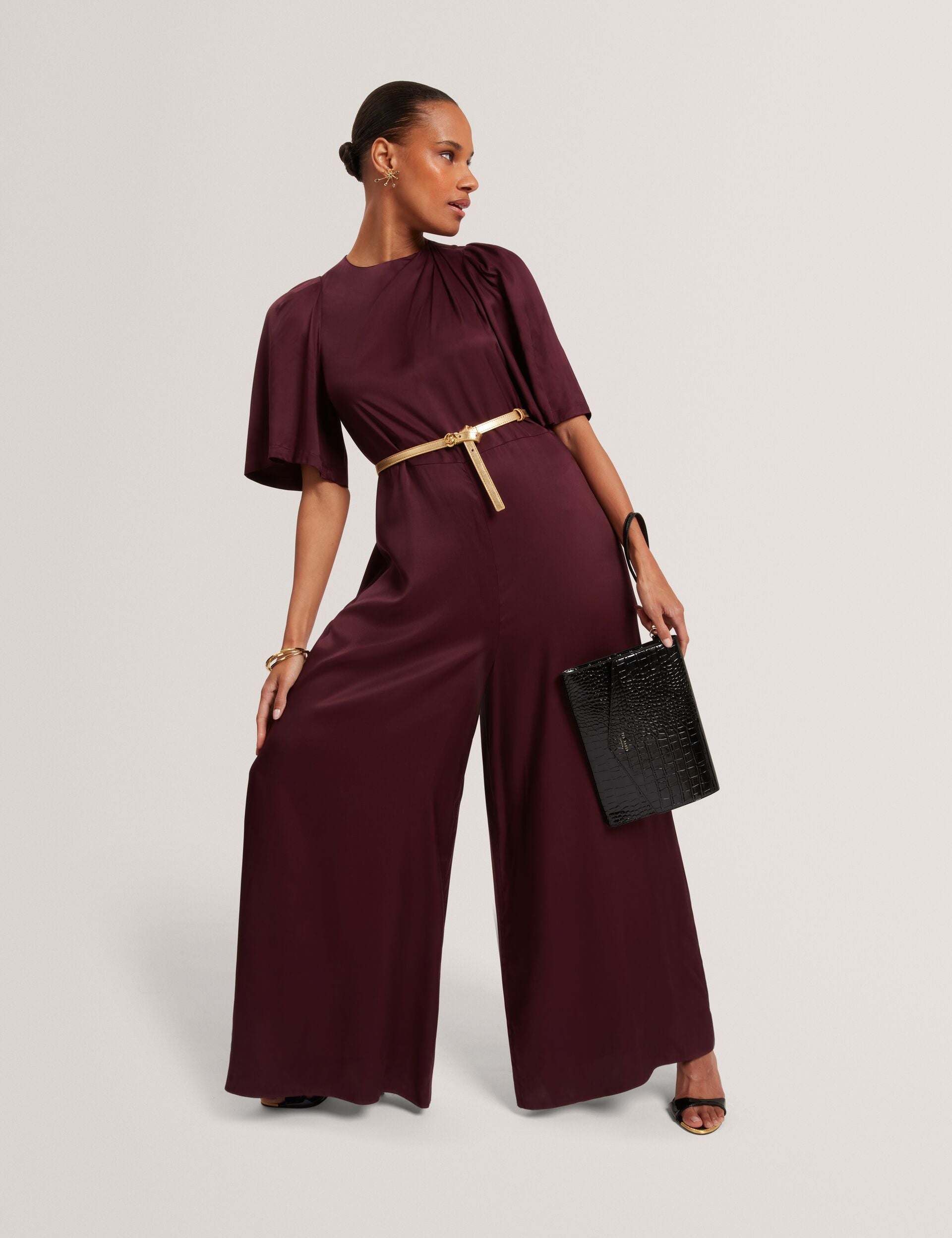 Ted Baker Taupa Satin Flutter Sleeve Wide Leg Jumpsuit Women's