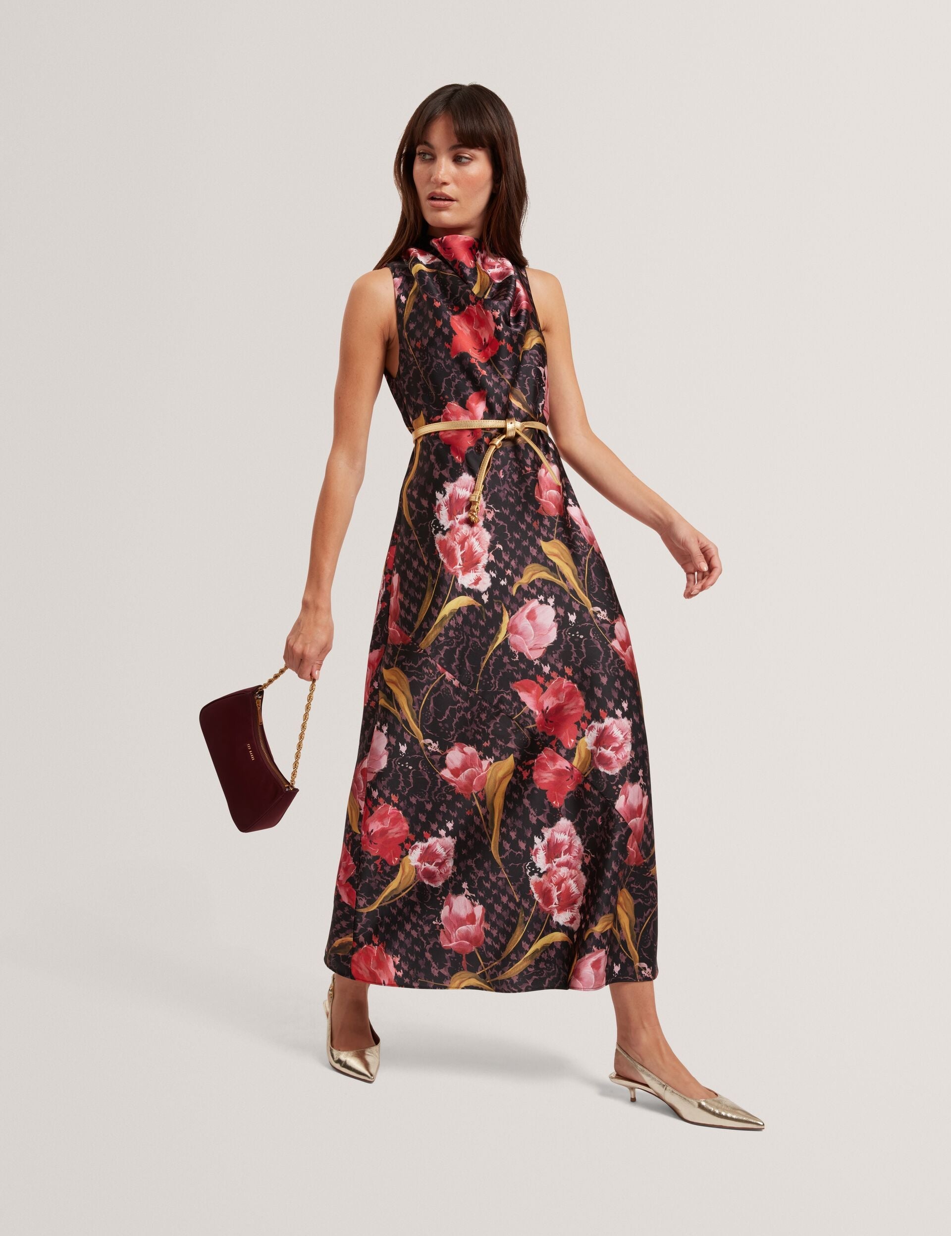 Ted Baker Twilli Floral Check Cowl Neck Satin Midi Dress Women's