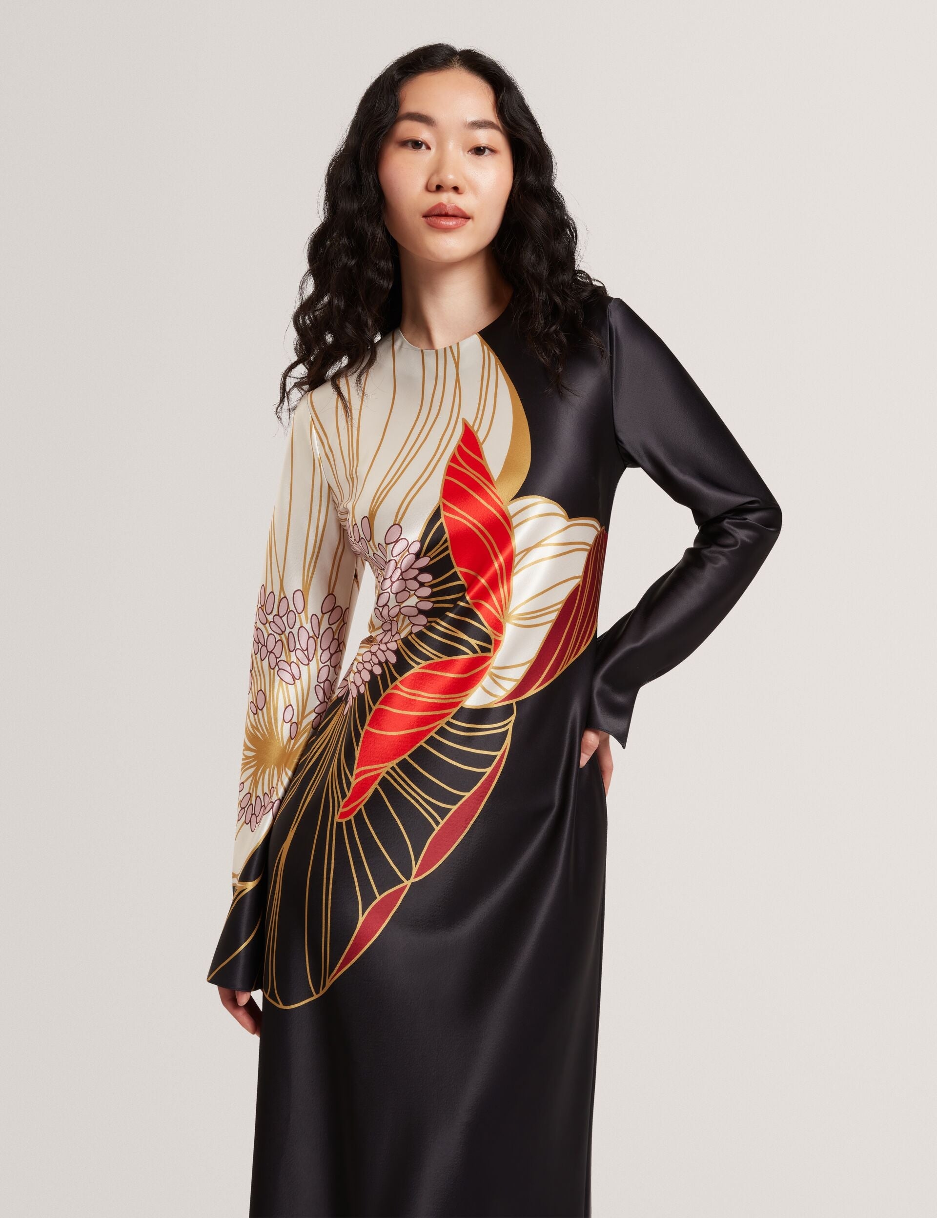 Ted Baker Ziara Floral Graphic Long Sleeve Satin Midi Dress Women's