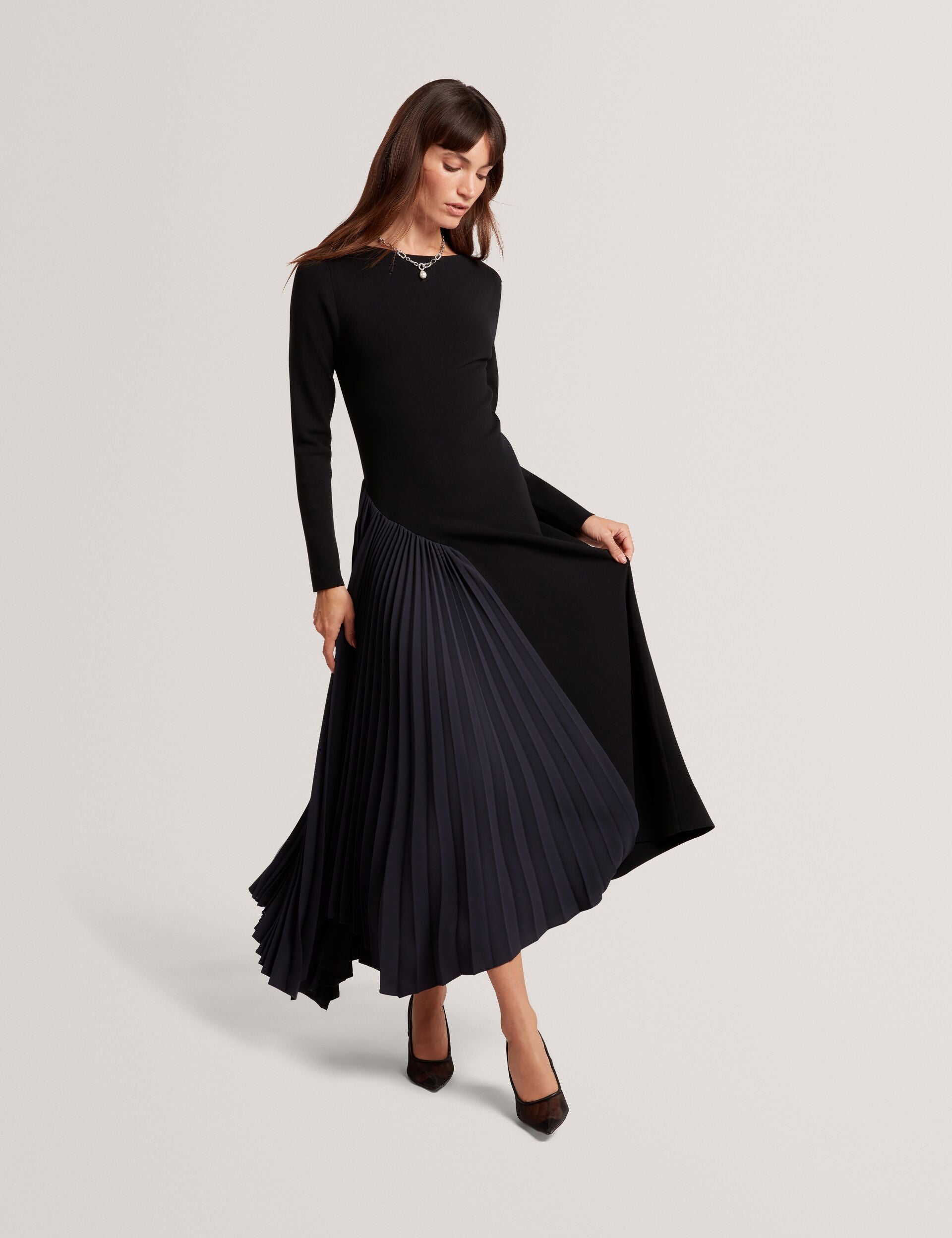 Ted Baker Belviee Pleated Panel Long Sleeve Knit Midi Dress Women's