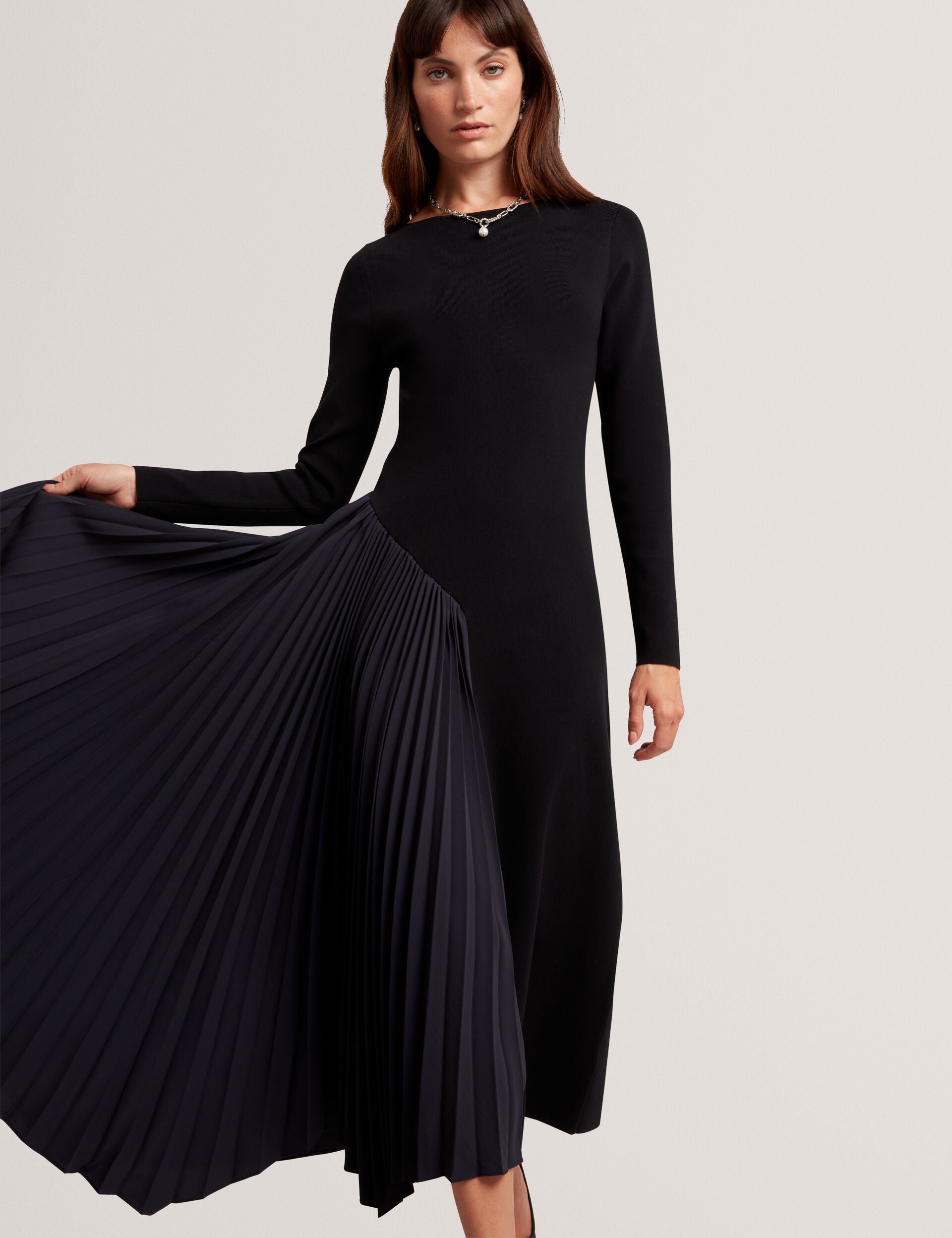 Ted Baker Belviee Pleated Panel Long Sleeve Knit Midi Dress Women's