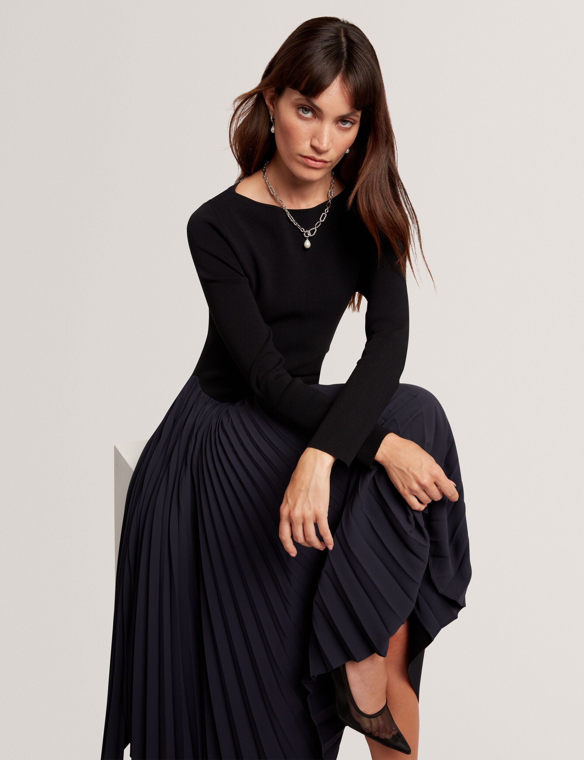 Ted Baker Belviee Pleated Panel Long Sleeve Knit Midi Dress Women's