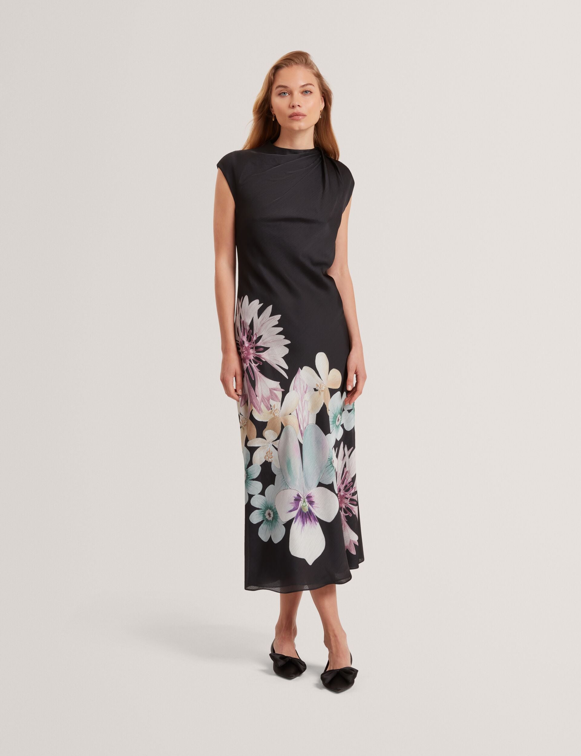Ted Baker Demita Pastel Floral Print Draped Neck Midi Dress Women's