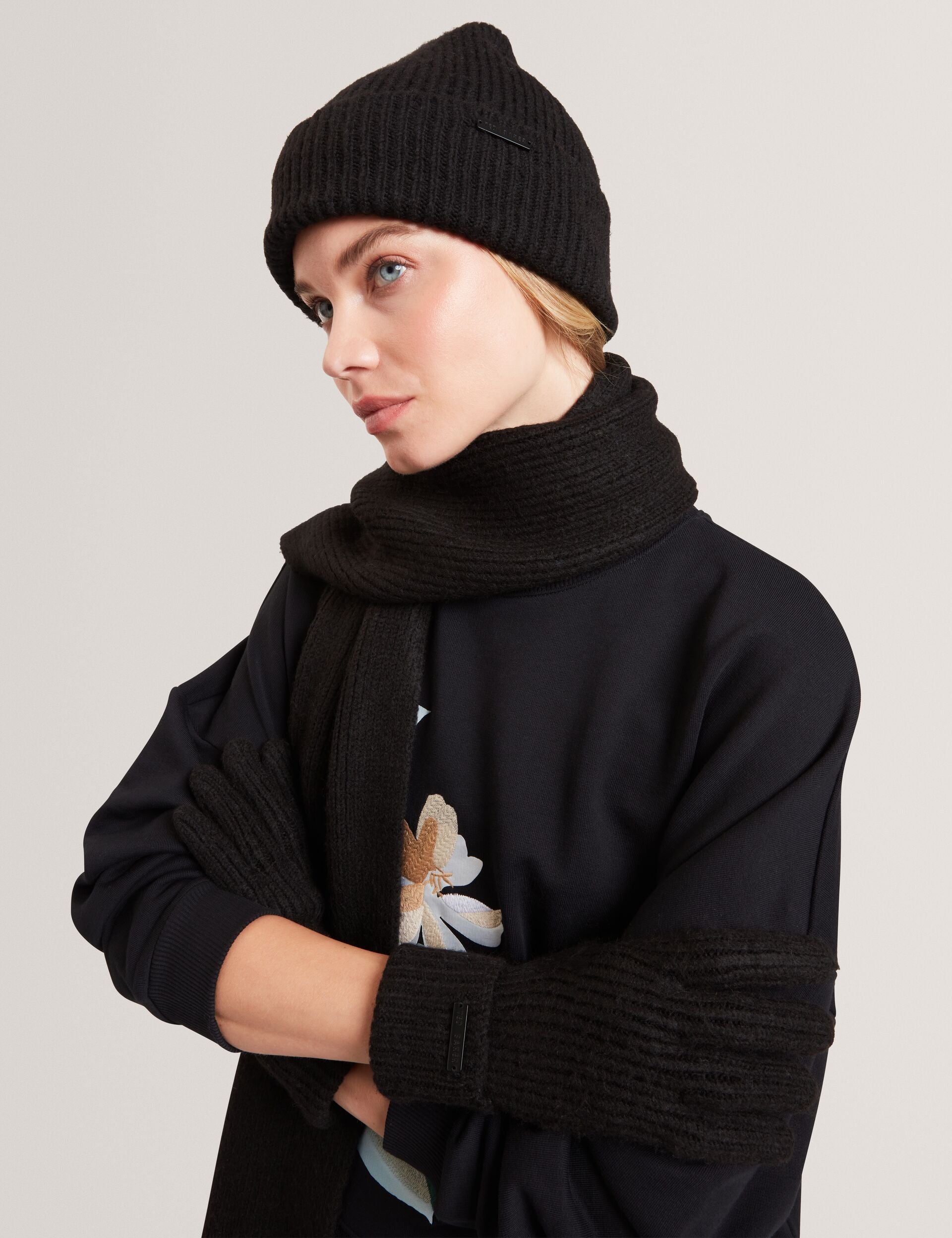 Ted Baker Lidiaas Wool Blend Ribbed Knit Beanie Hat In Black Women's