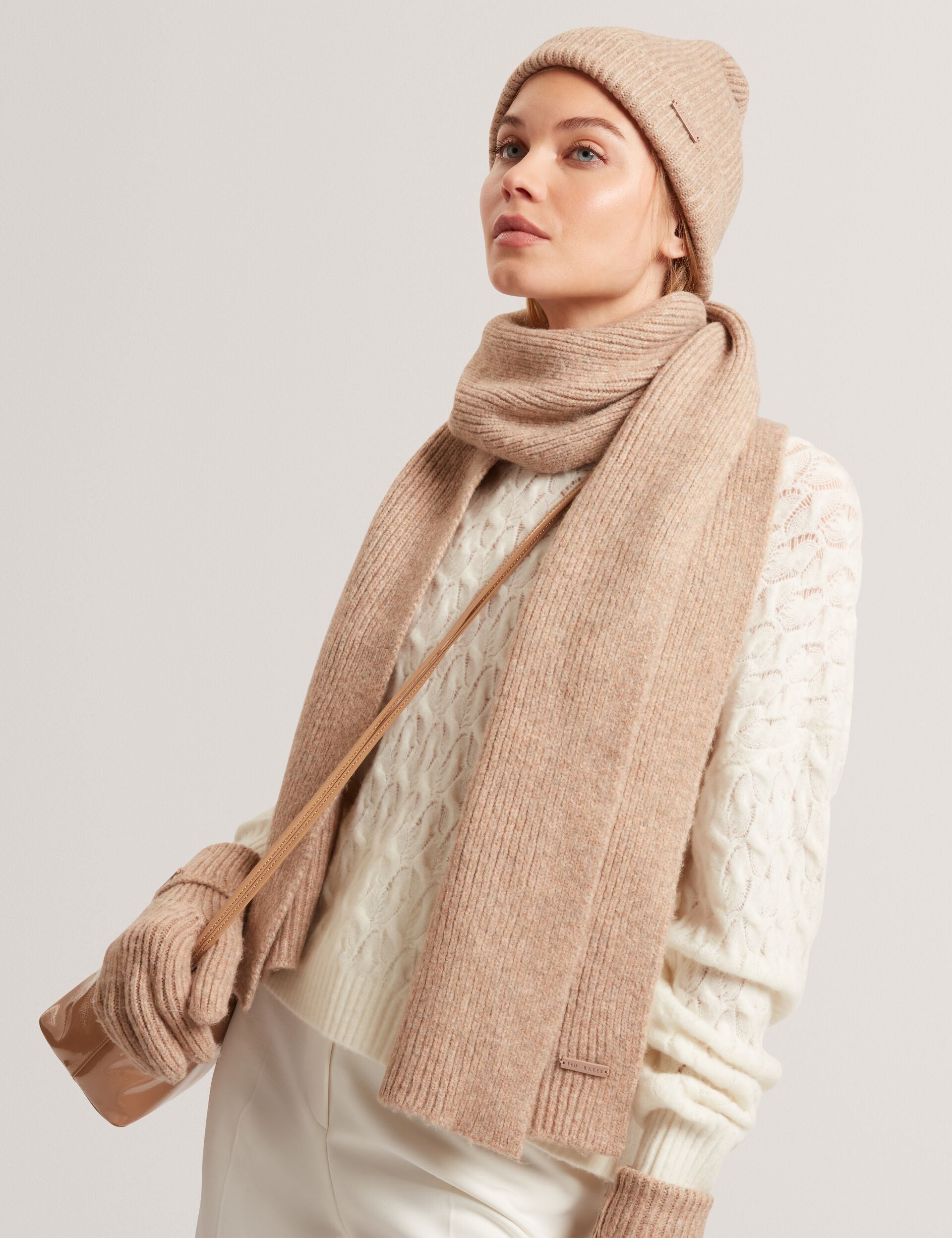Ted Baker Lidiies Ribbed Wool Blend Knitted Scarf In Camel Women's