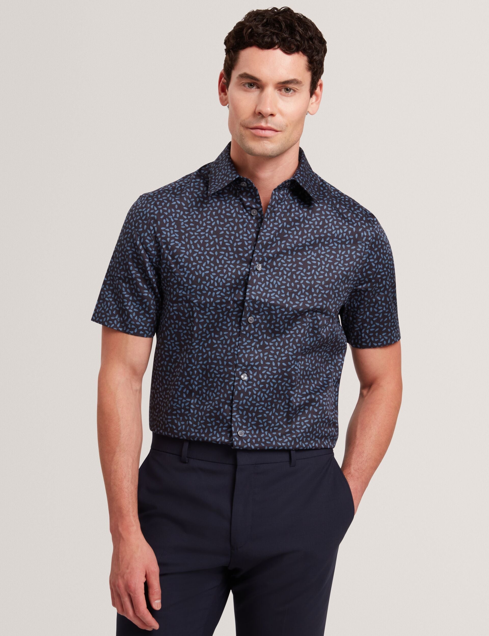 Ted Baker Campden Mini Leaf Print Short Sleeve Cotton Shirt