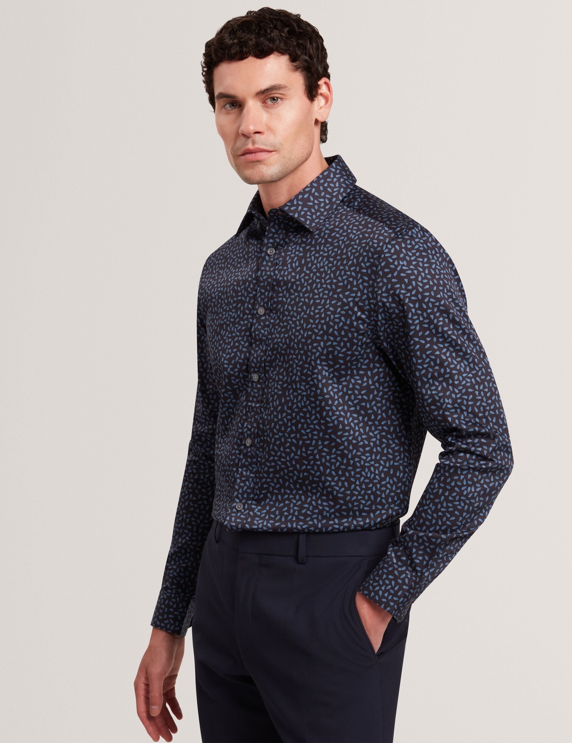 Ted Baker Blockly Mini Leaf Print Long Sleeve Cotton Shirt