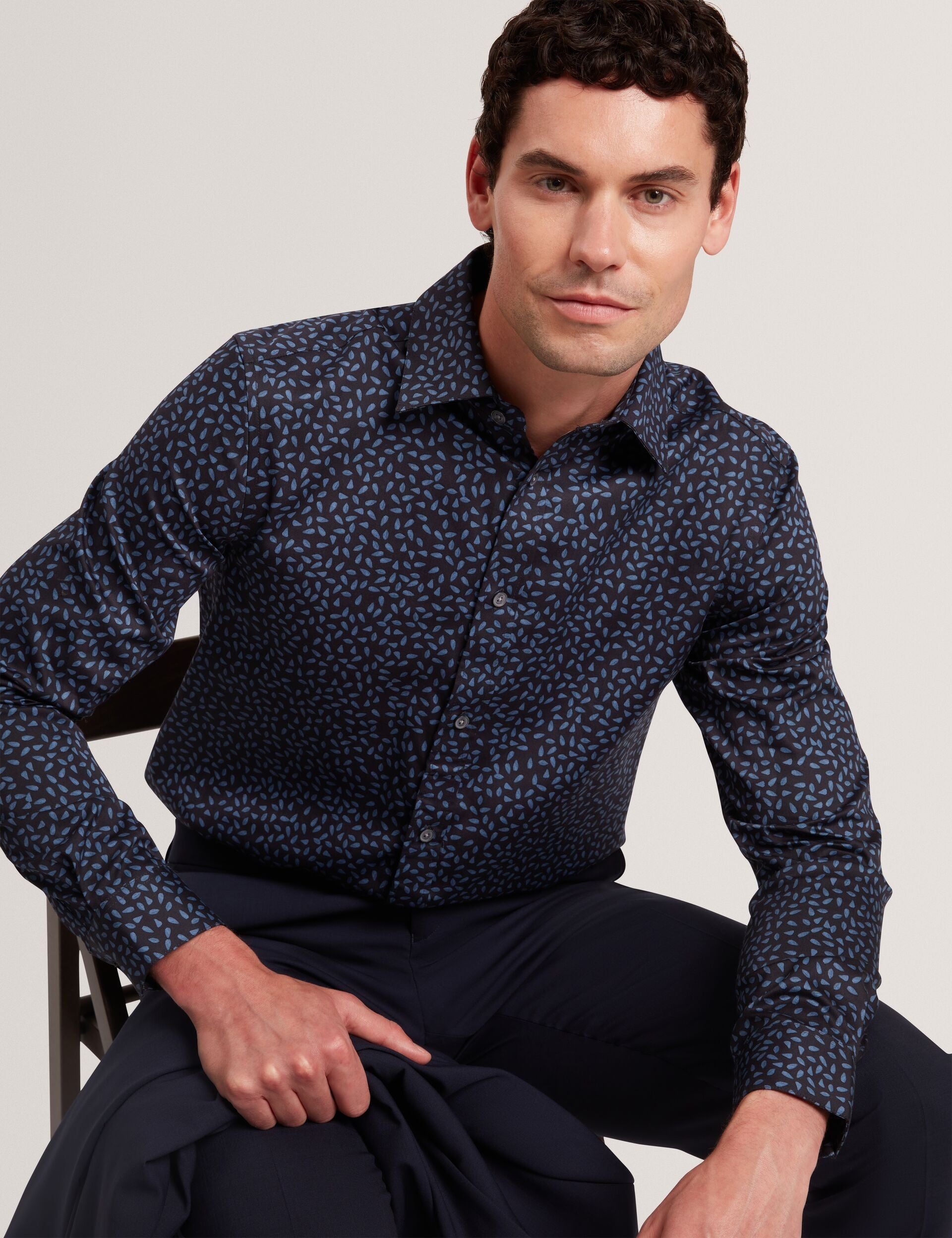 Ted Baker Blockly Mini Leaf Print Long Sleeve Cotton Shirt