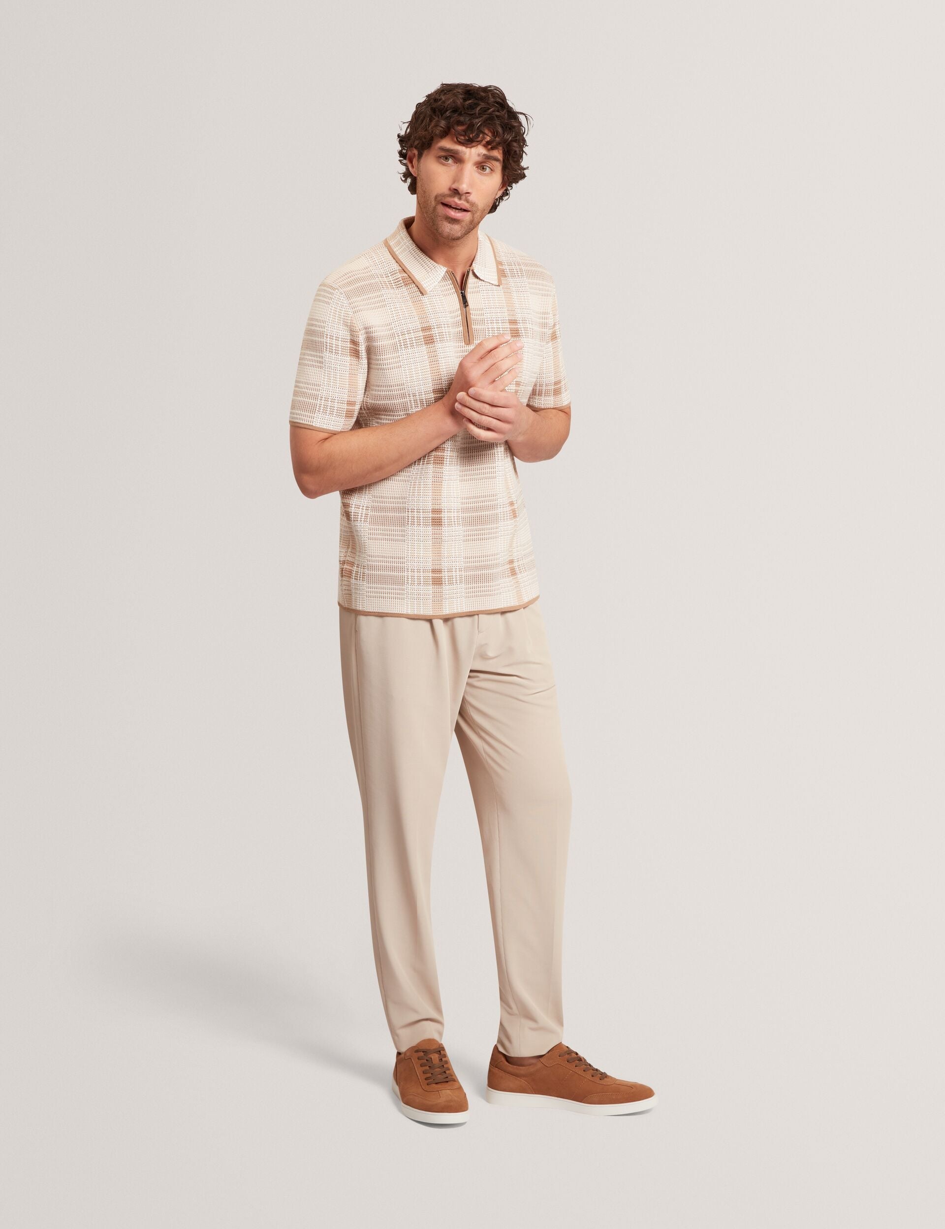 Ted Baker Halpirt Checked Zip Neck Cotton Knit Polo