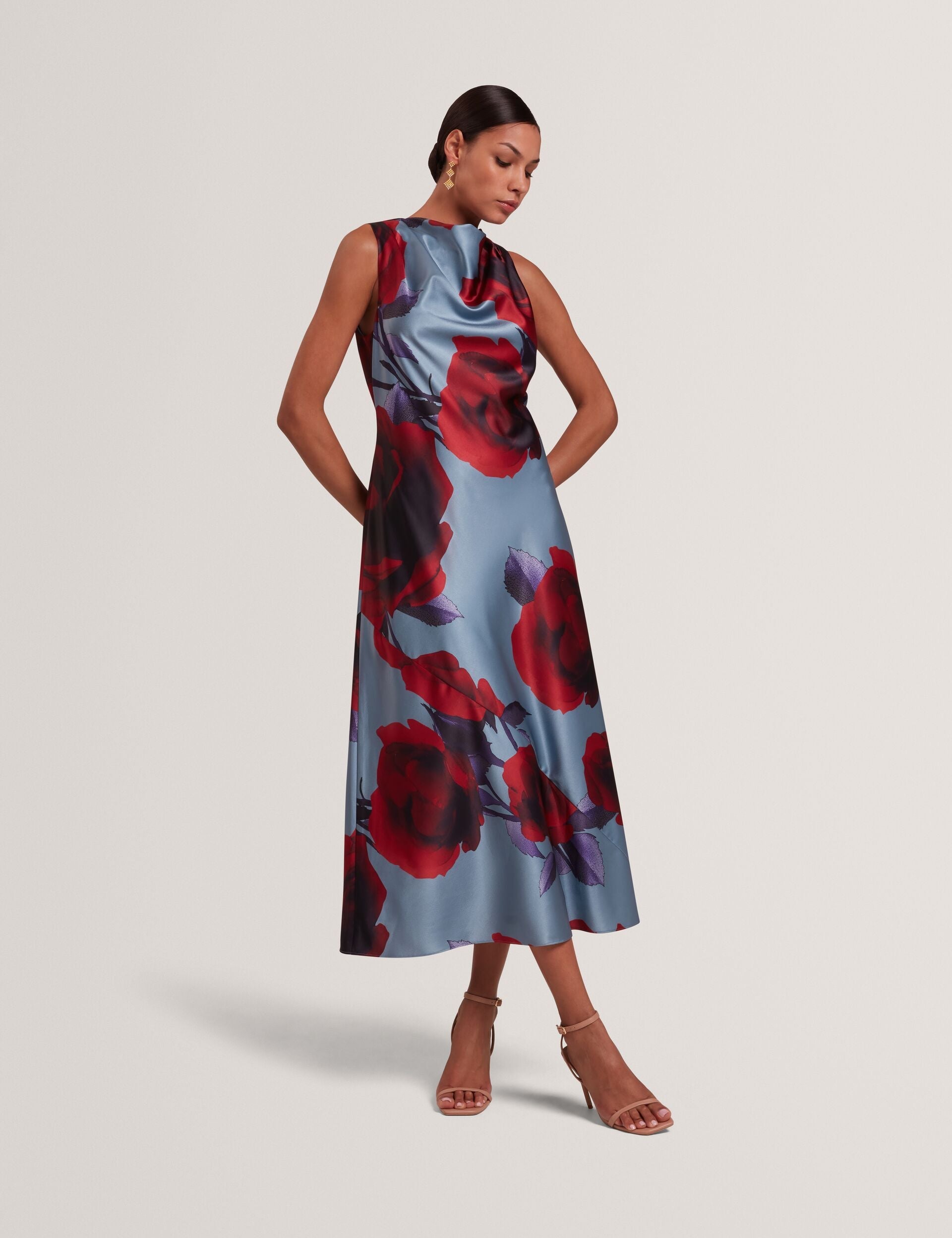 Ted Baker Harrlia Rose Print Satin Sleeveless Midi Dress Women's