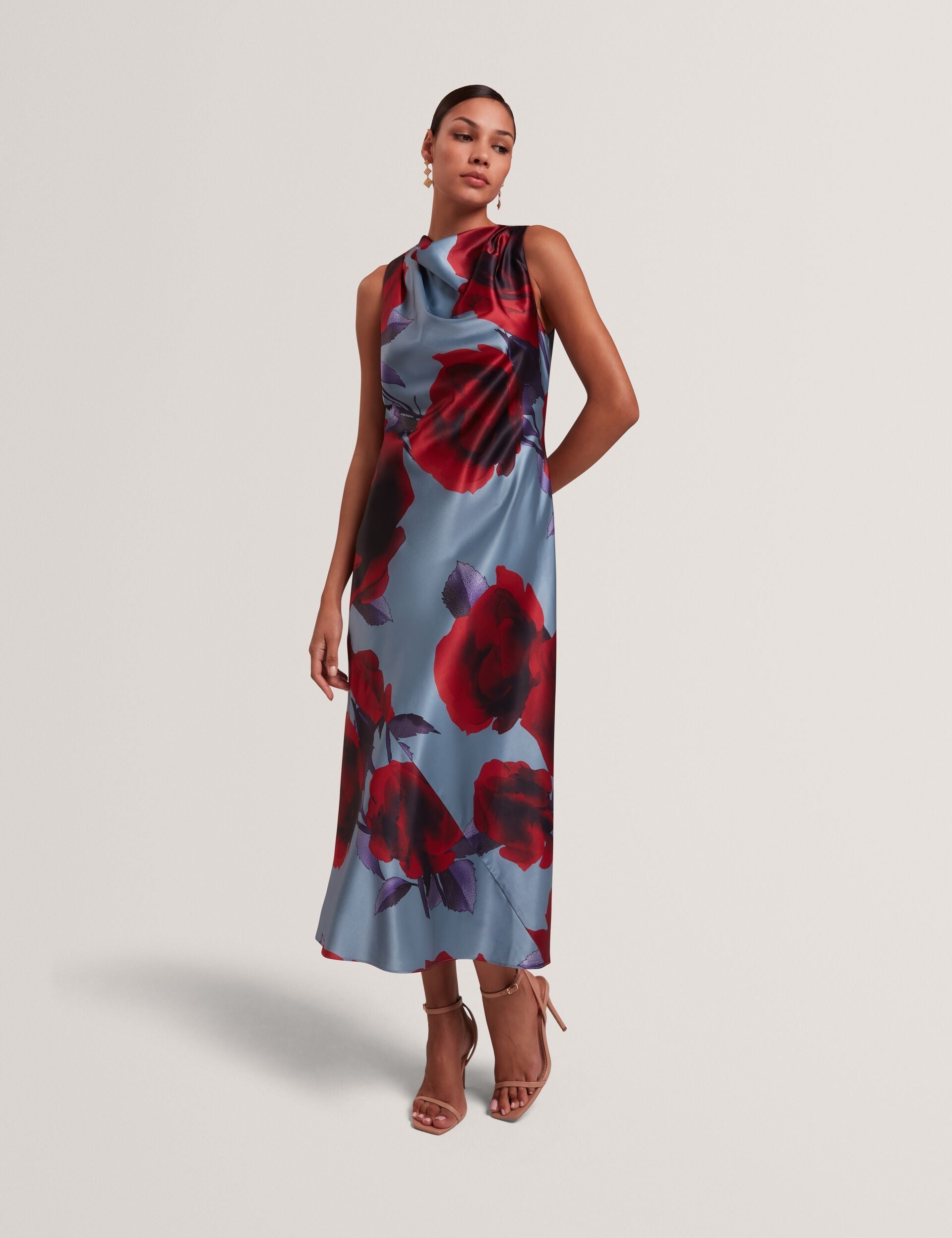 Ted Baker Harrlia Rose Print Satin Sleeveless Midi Dress Women's
