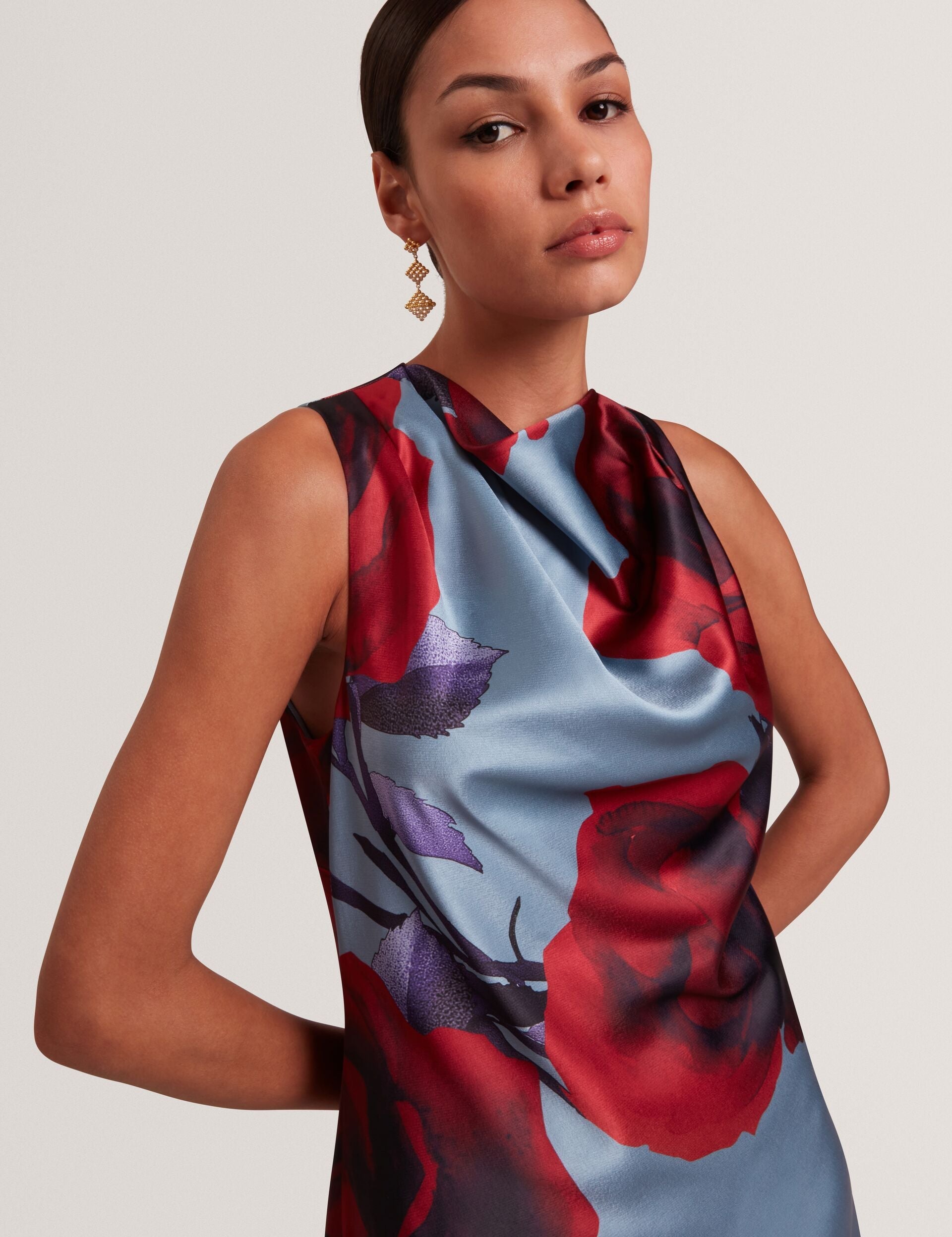 Ted Baker Harrlia Rose Print Satin Sleeveless Midi Dress Women's