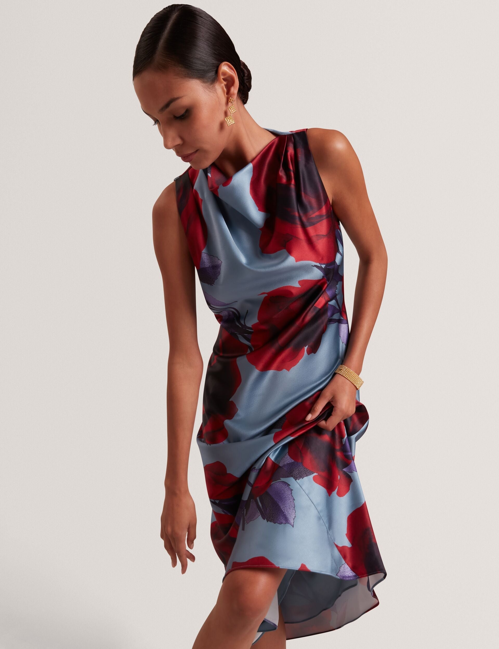 Ted Baker Harrlia Rose Print Satin Sleeveless Midi Dress Women's