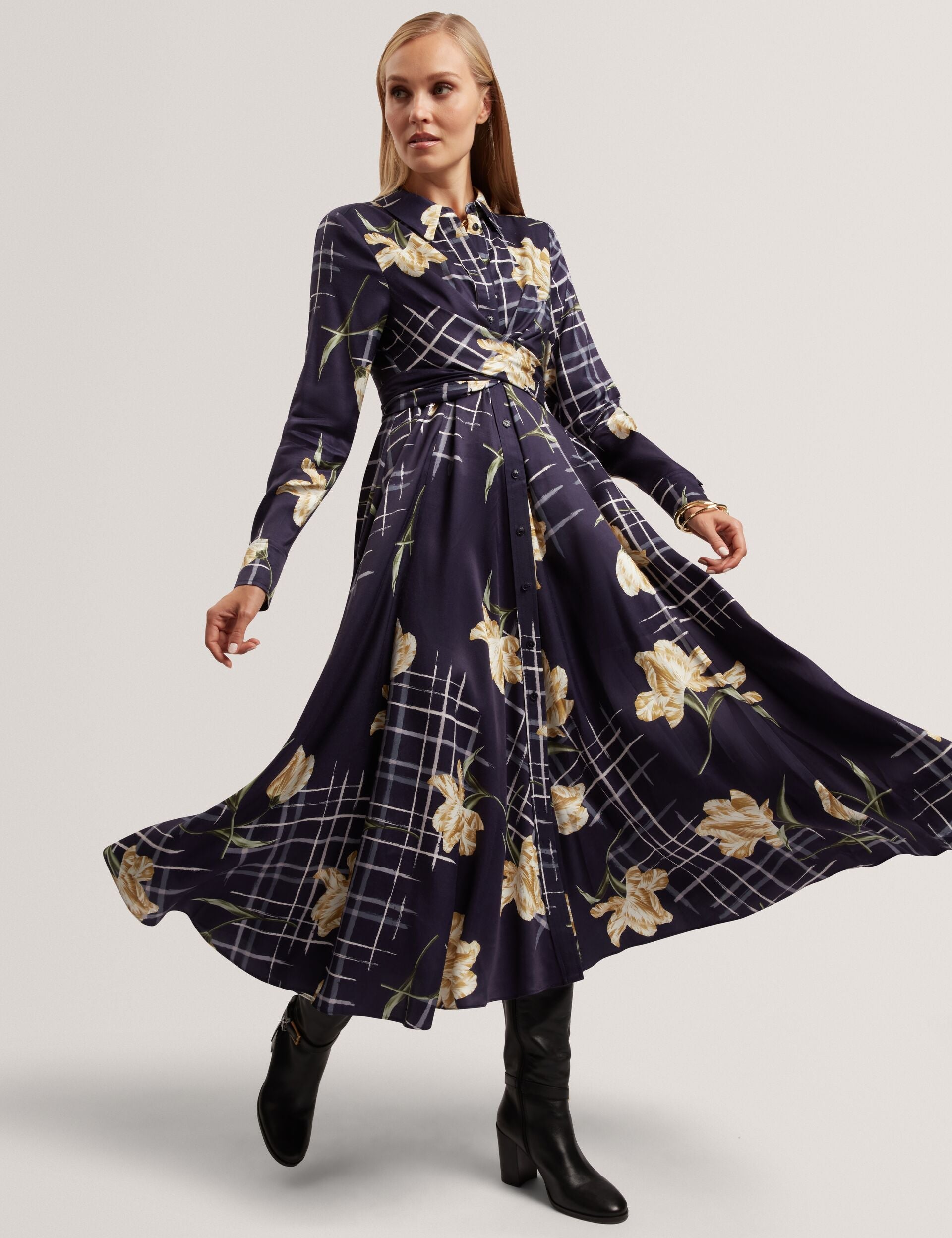 Ted Baker Maylia Floral Check Wrap Front Shirt Dress Women's