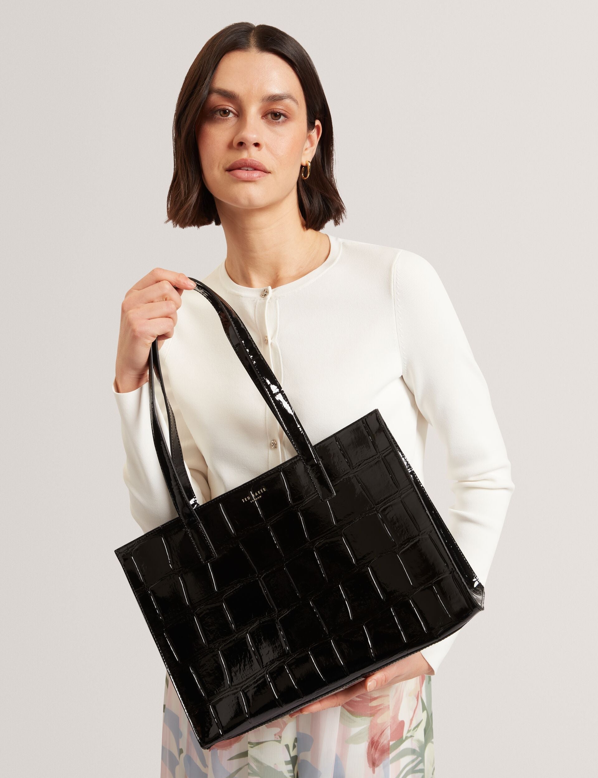 Ted Baker Welona Patent Croc Elongated Icon Tote Bag In Black Women's