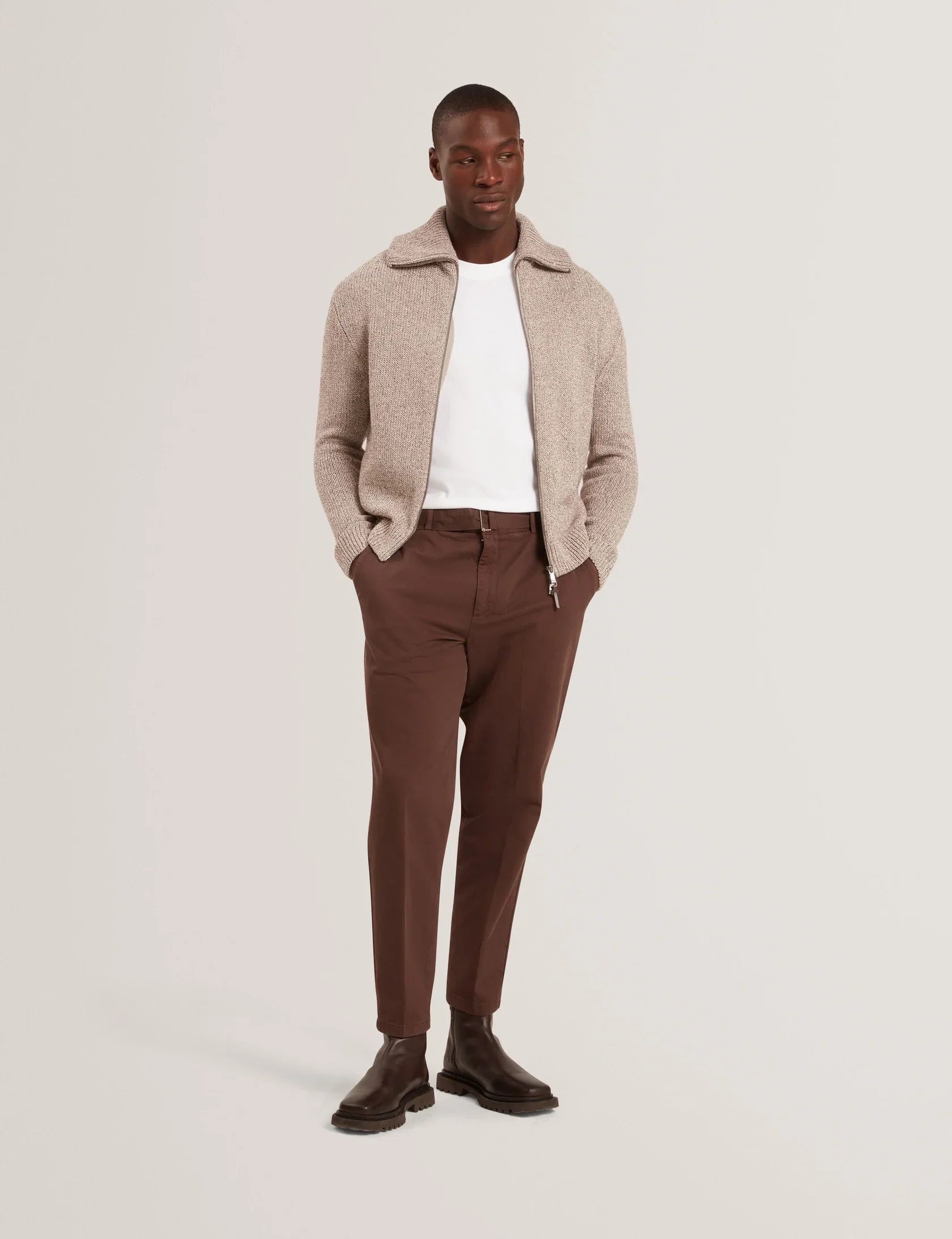 Ted Baker Armodo Brown Tapered Fit Belted Cotton Trousers