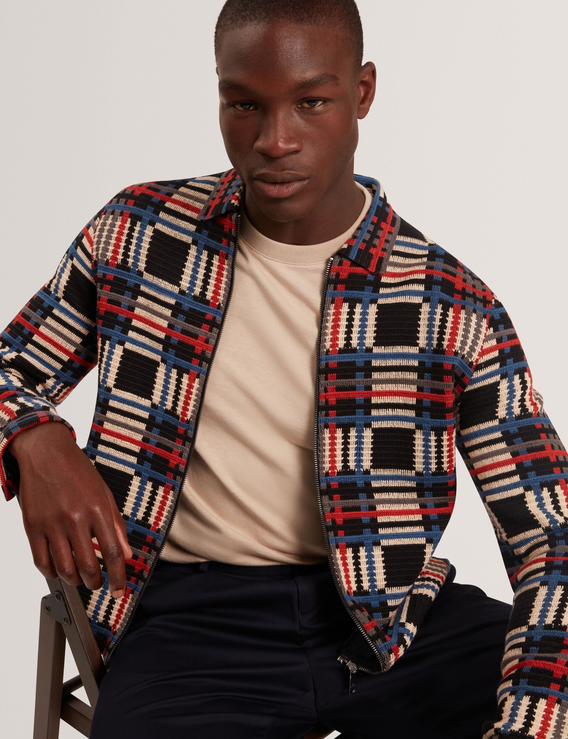 Ted Baker Henrein Pure Cotton Patchwork Knit Zip Jacket