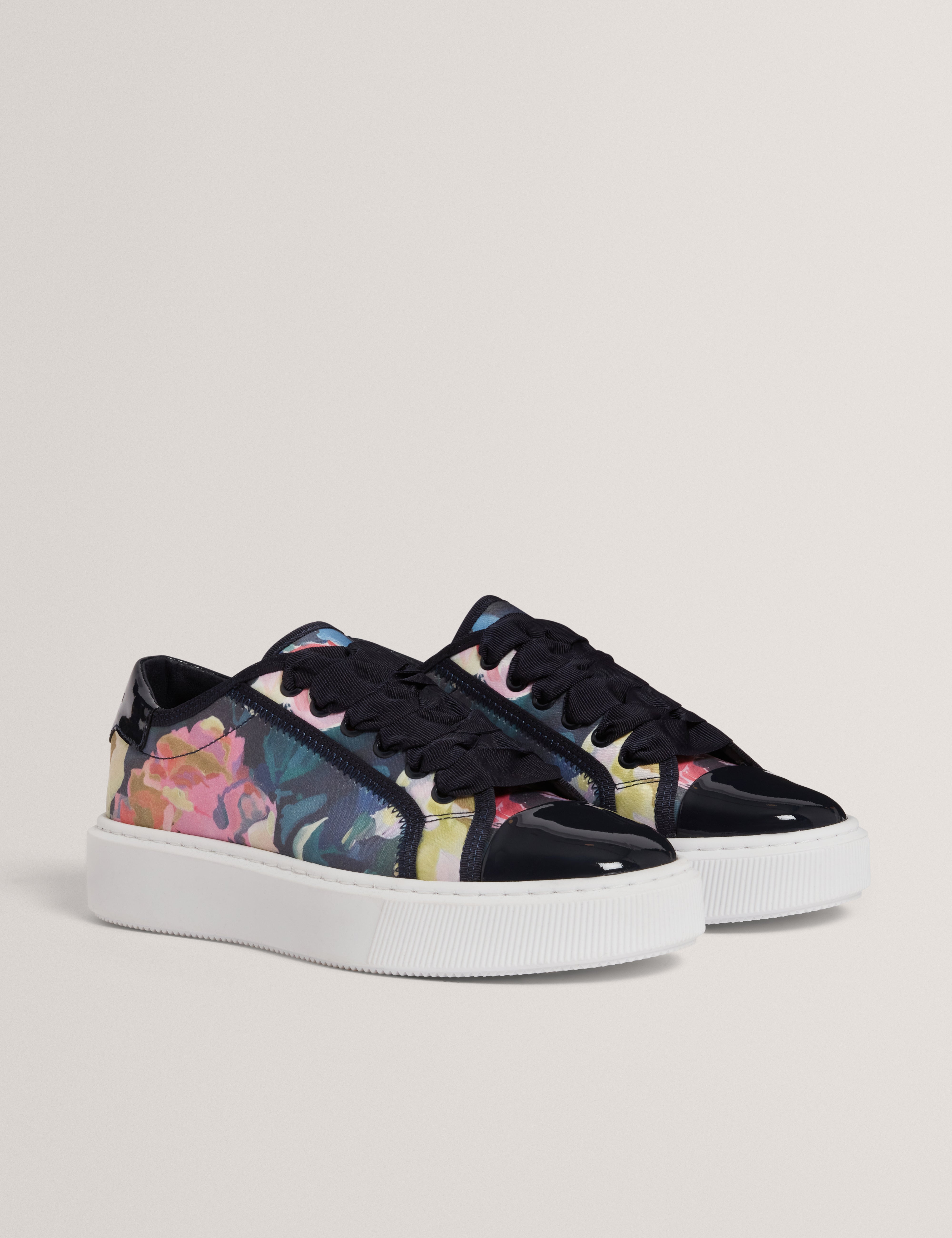 Ted Baker Zaiira Floral Print Satin Platform Trainers In Navy Women's