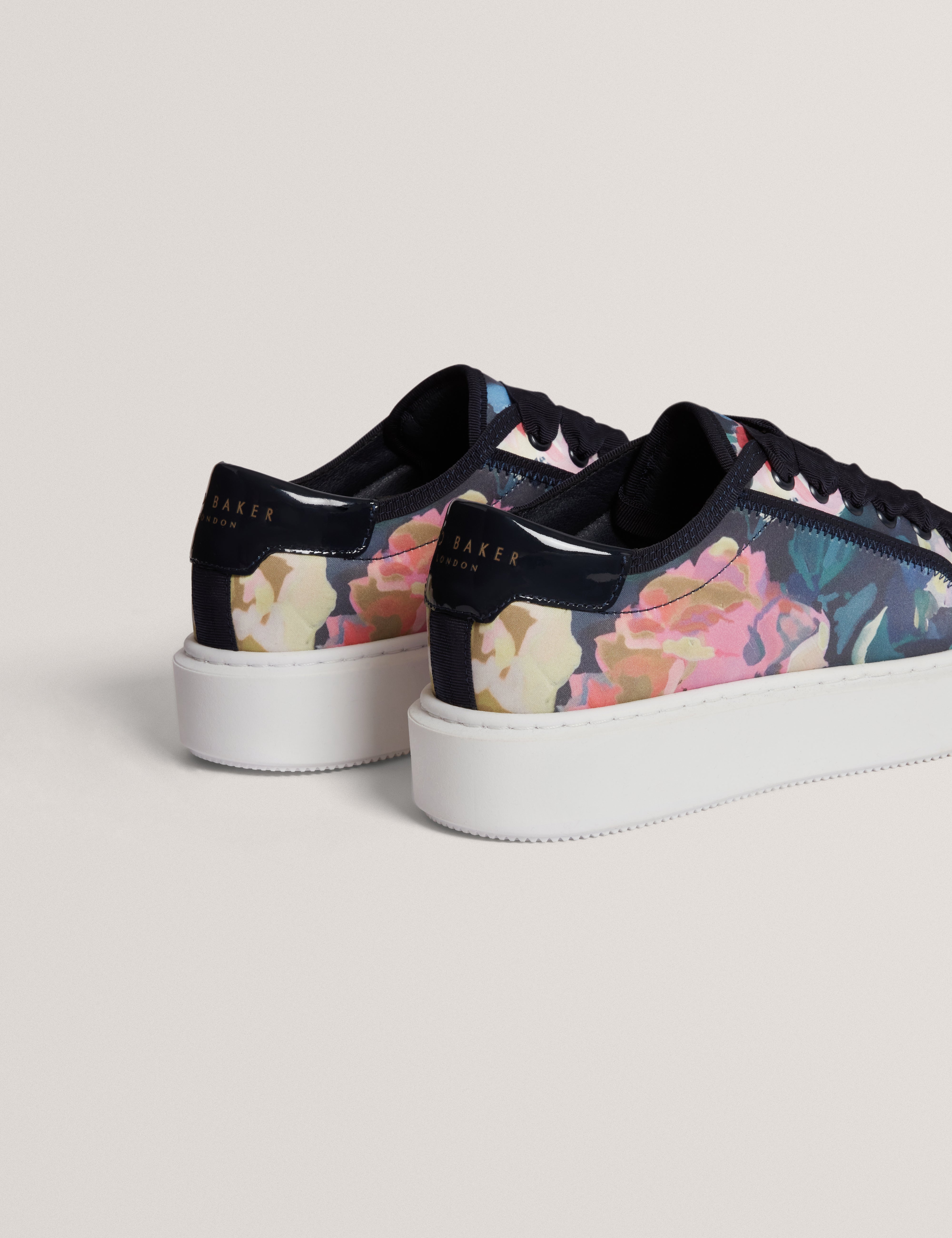 Ted Baker Zaiira Floral Print Satin Platform Trainers In Navy Women's