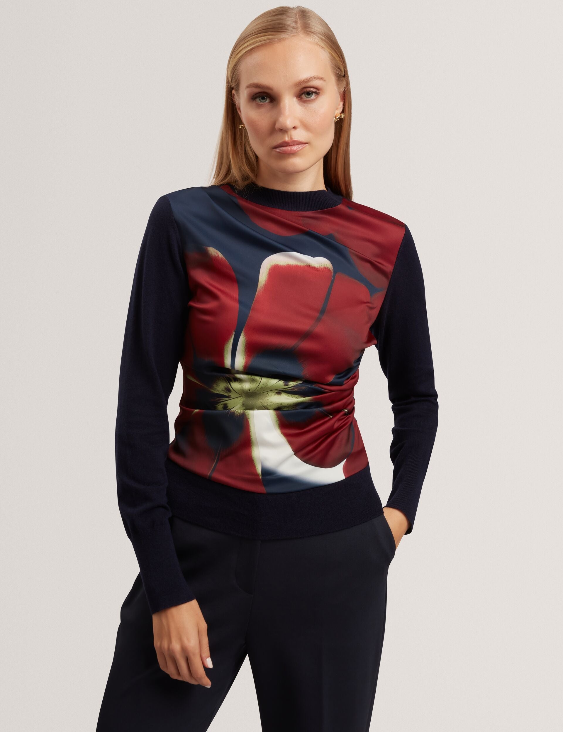Ted Baker Mawie Printed Satin Front Fine Knit Top Women's