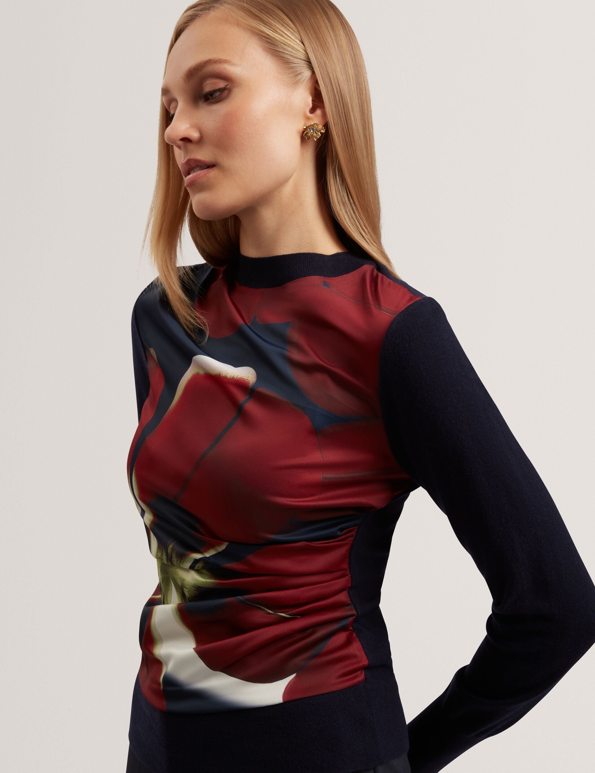 Ted Baker Mawie Printed Satin Front Fine Knit Top Women's