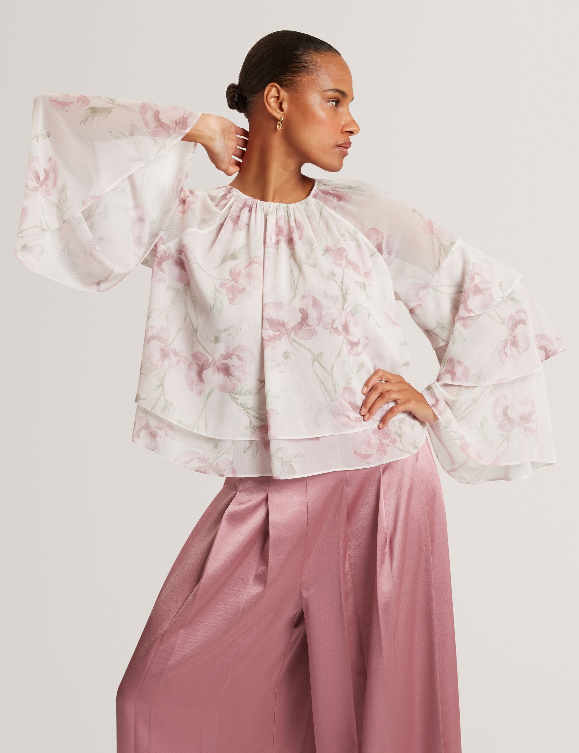 Ted Baker Rizaa Rose Print Frilled Long Sleeve Top Women's