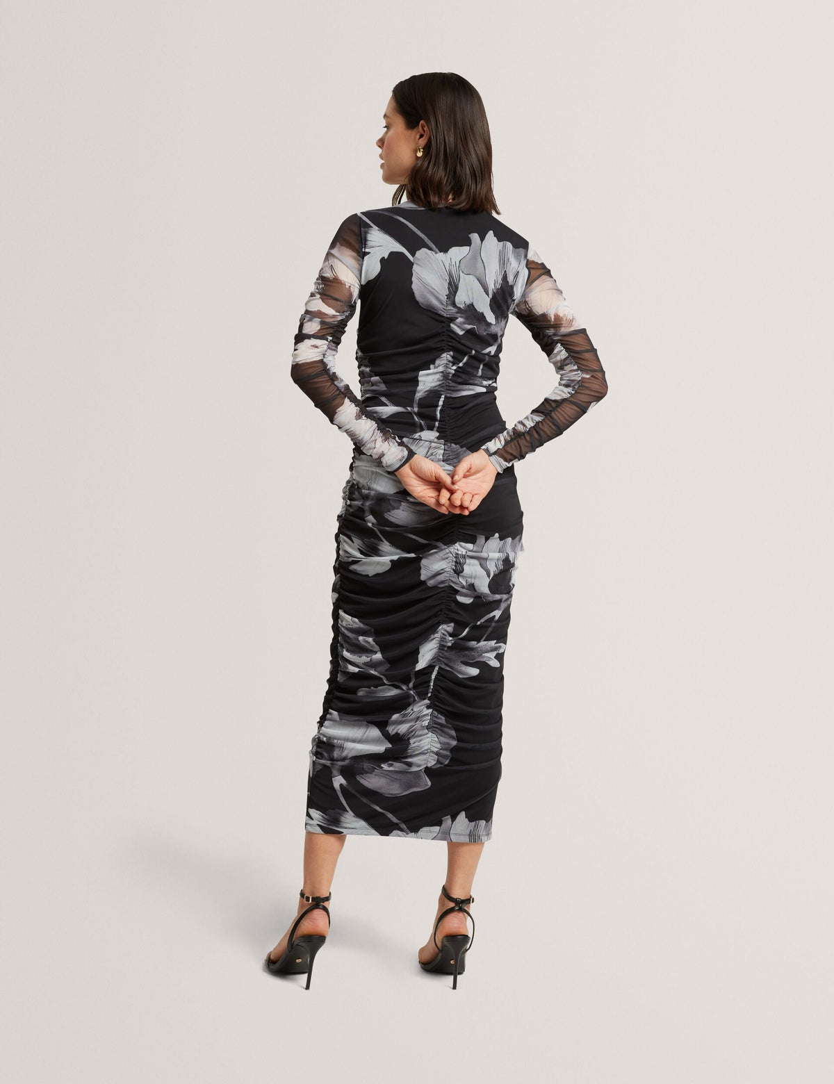 Ted Baker Arietty Dark Floral Ruched Mesh Bodycon Midi Dress Women's