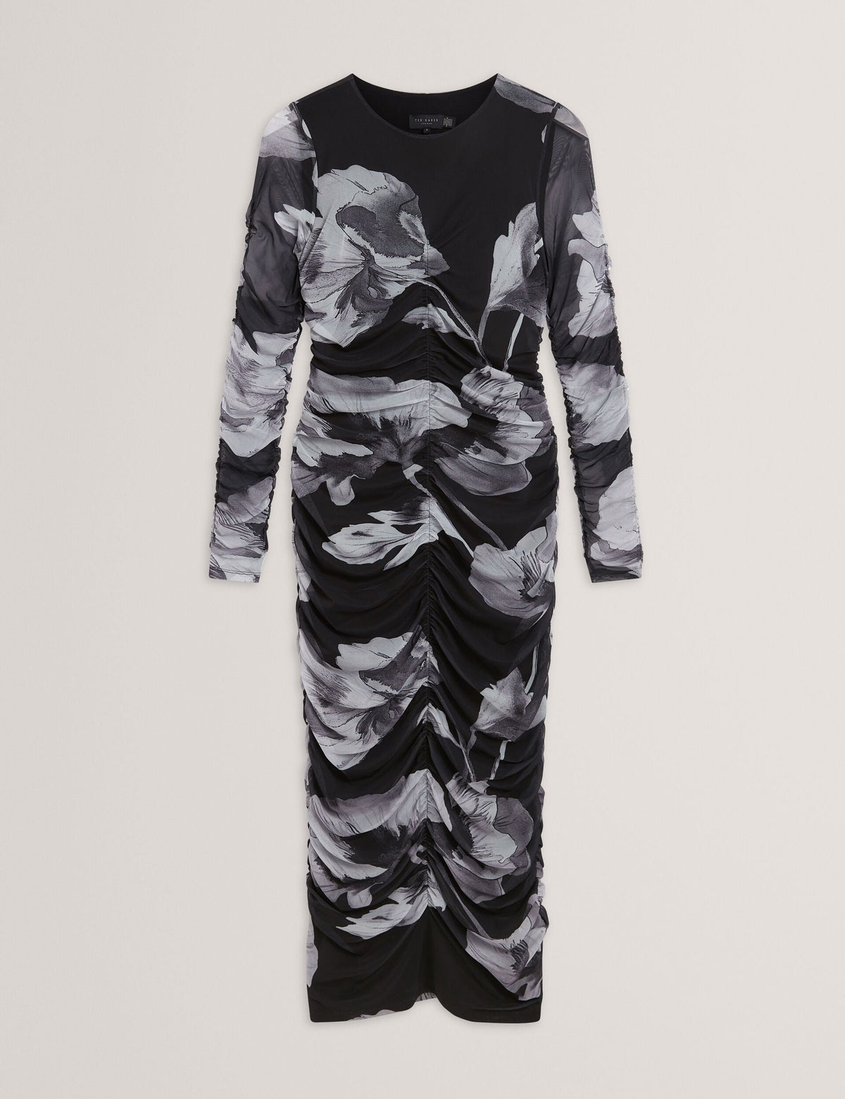 Ted Baker Arietty Dark Floral Ruched Mesh Bodycon Midi Dress Women's