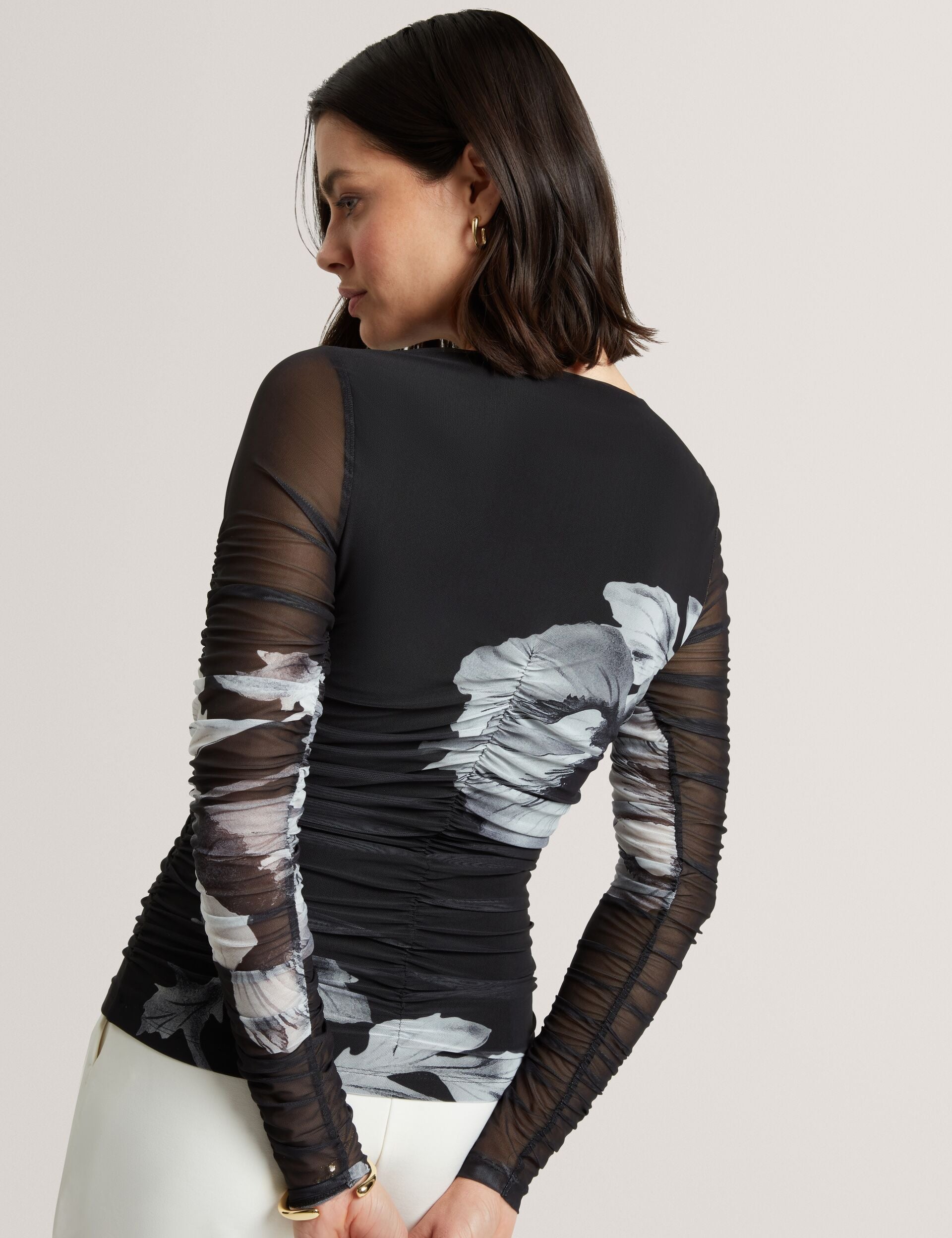 Ted Baker Ikena Dark Floral Ruched Mesh Long Sleeve Top Women's