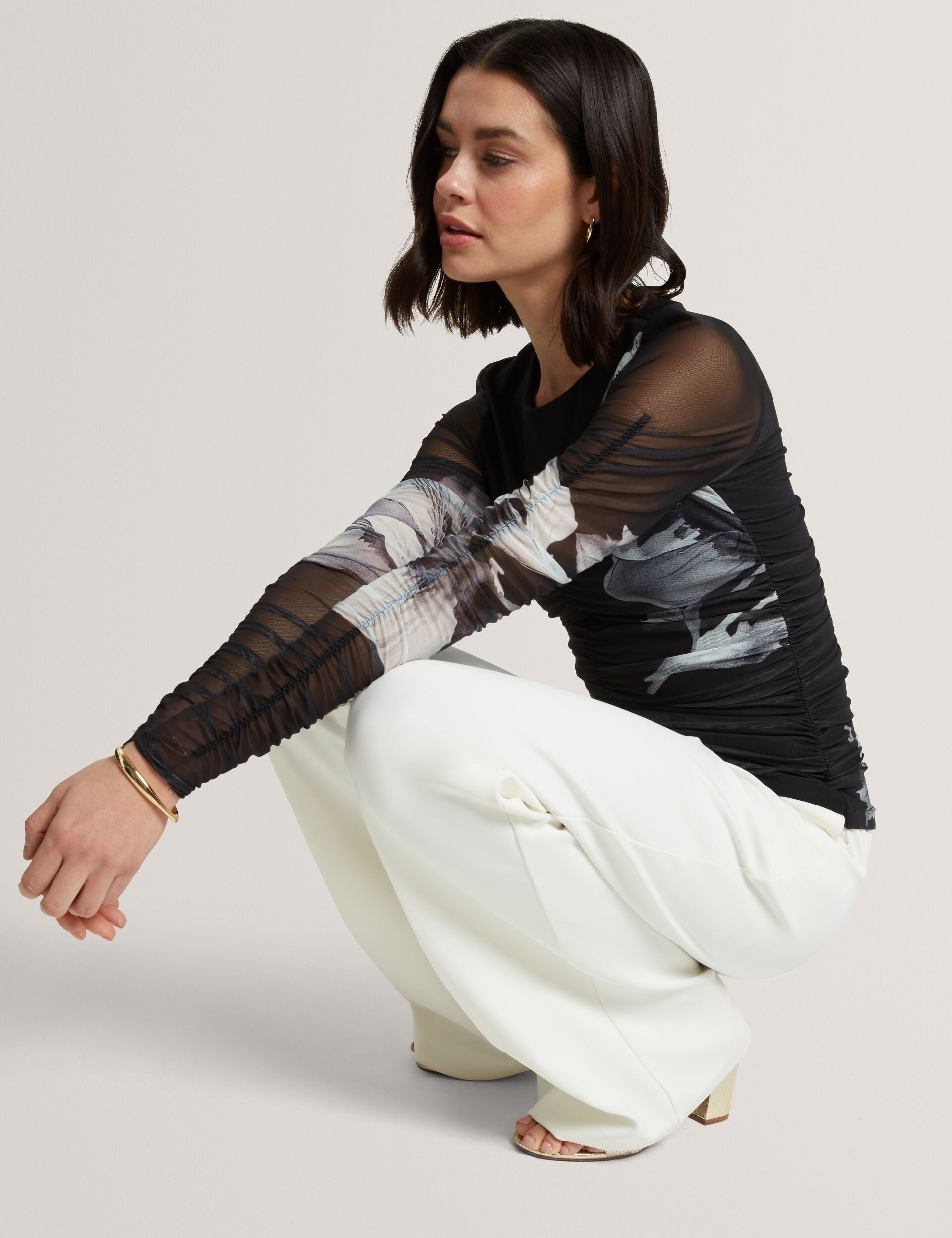 Ted Baker Ikena Dark Floral Ruched Mesh Long Sleeve Top Women's