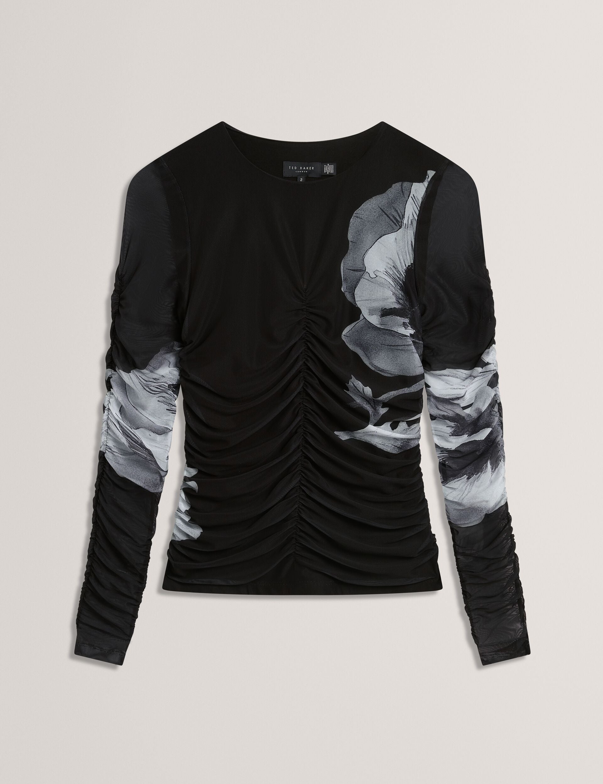 Ted Baker Ikena Dark Floral Ruched Mesh Long Sleeve Top Women's