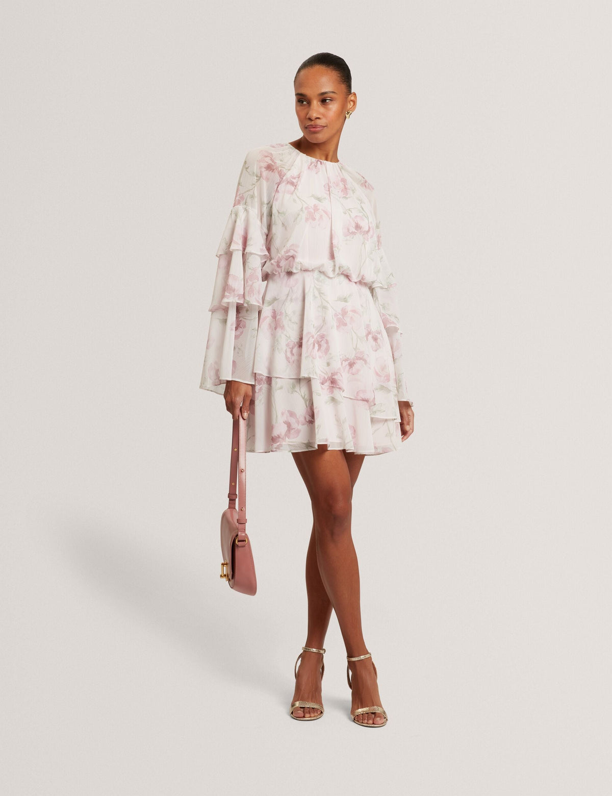 Ted Baker Mahliia Rose Print Frill Long Sleeve Mini Dress Women's