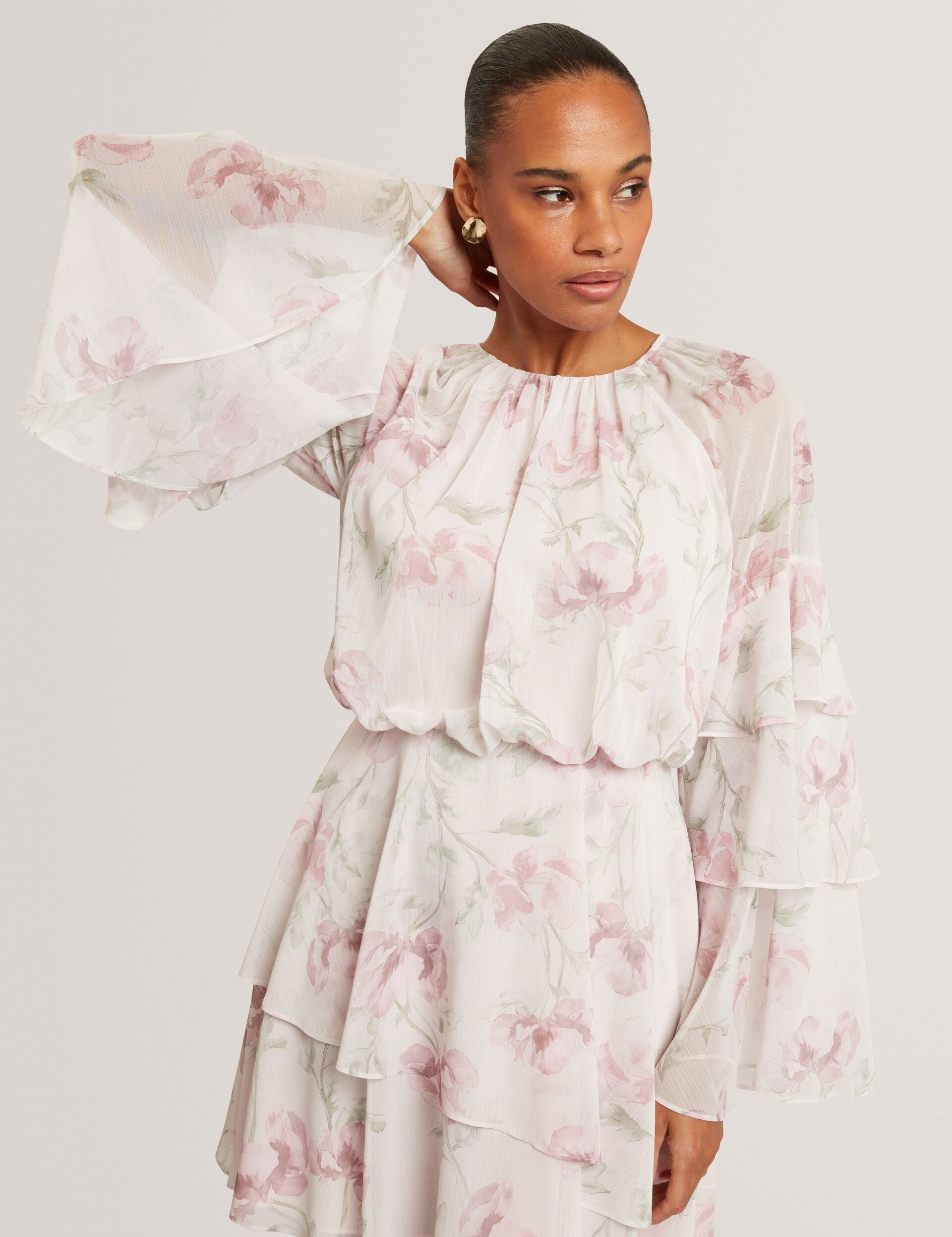 Ted Baker Mahliia Rose Print Frill Long Sleeve Mini Dress Women's