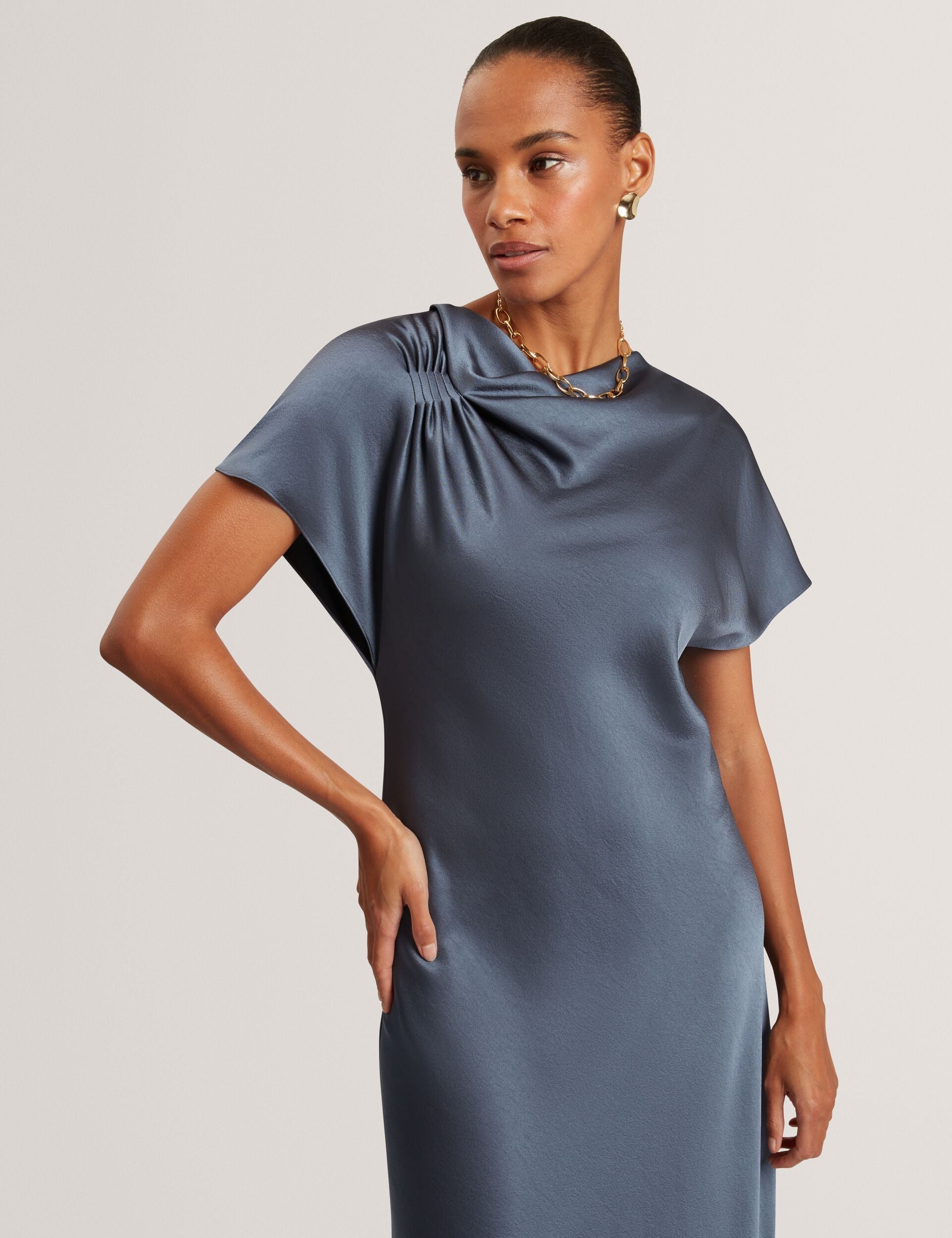 Ted Baker Dascha Satin Drape Neck Short Sleeve Midi Dress Women's