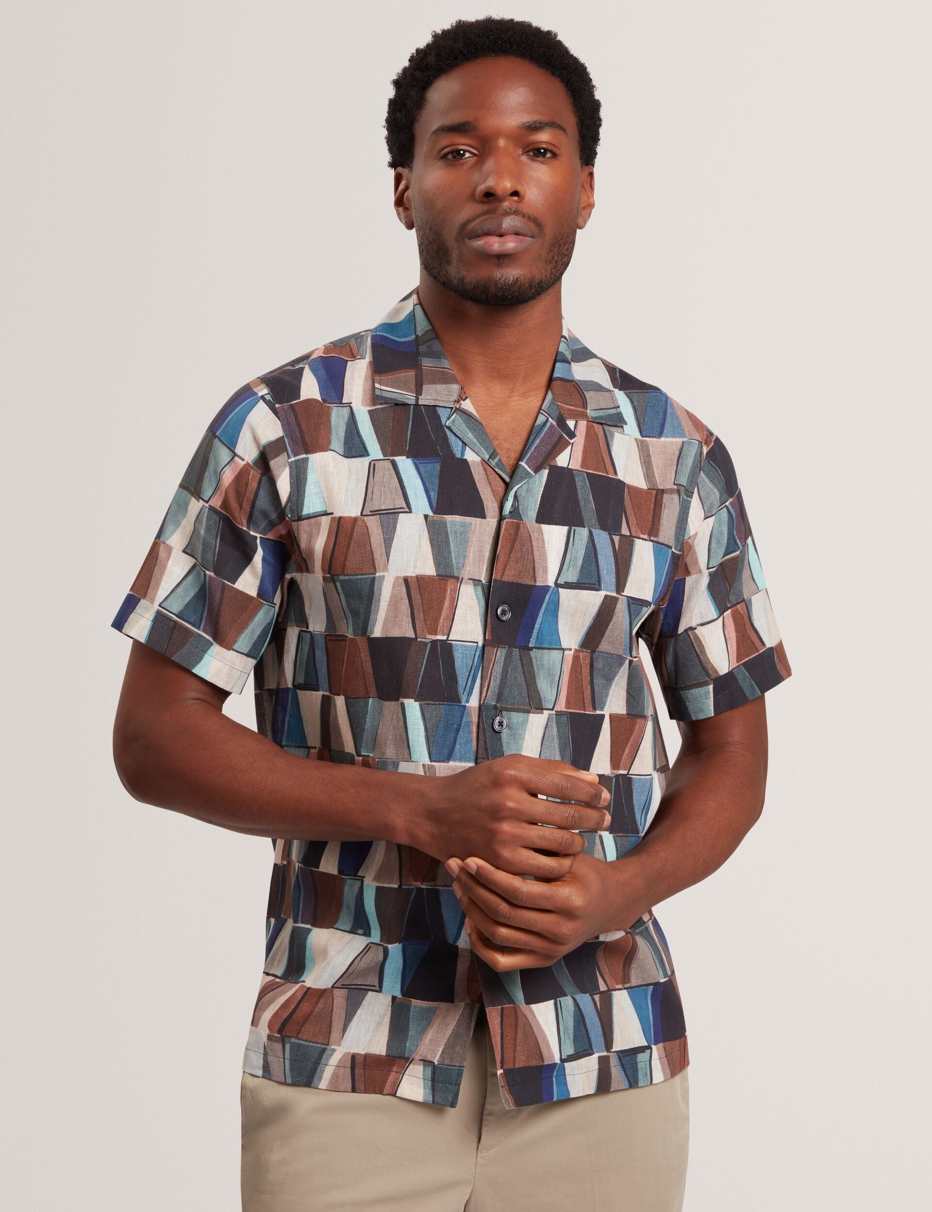 Ted Baker Yarino Tile Print Cotton Linen Short Sleeve Shirt