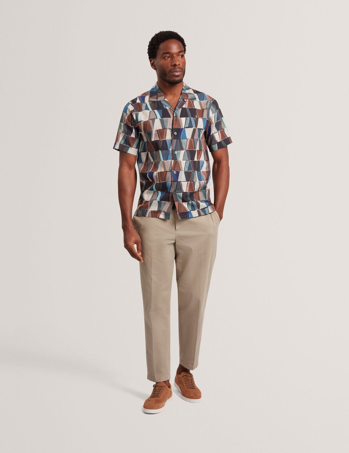 Ted Baker Yarino Tile Print Cotton Linen Short Sleeve Shirt