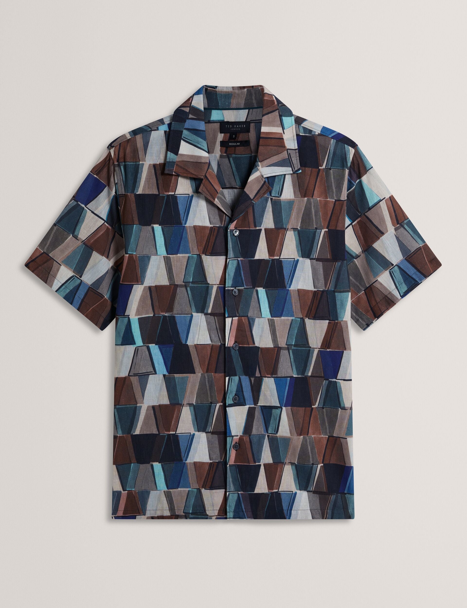 Ted Baker Yarino Tile Print Cotton Linen Short Sleeve Shirt