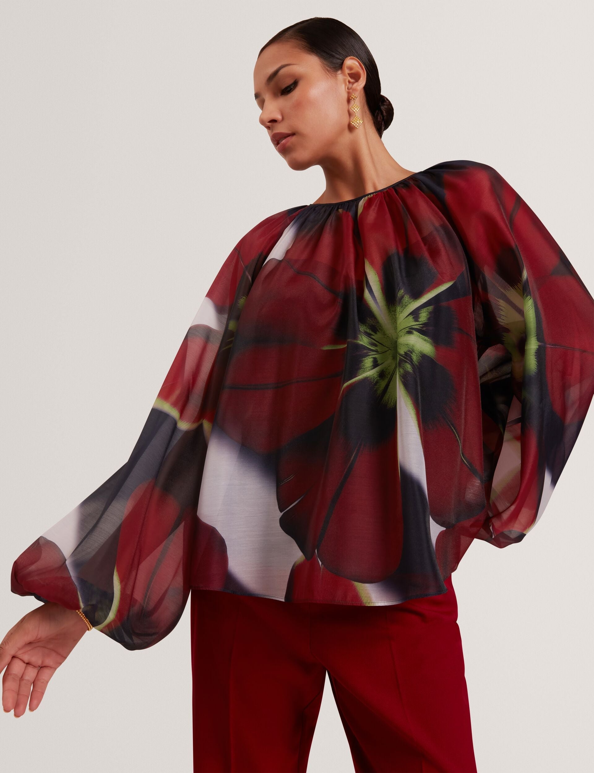 Ted Baker Elaia Red Bloom Organza Balloon Sleeve Blouse Women's