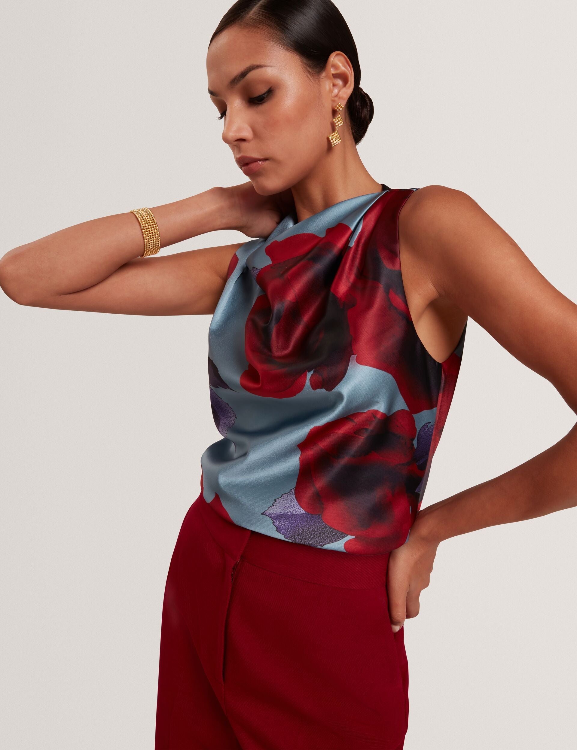 Ted Baker Harplyn Rose Print Drape Satin Sleeveless Top Women's